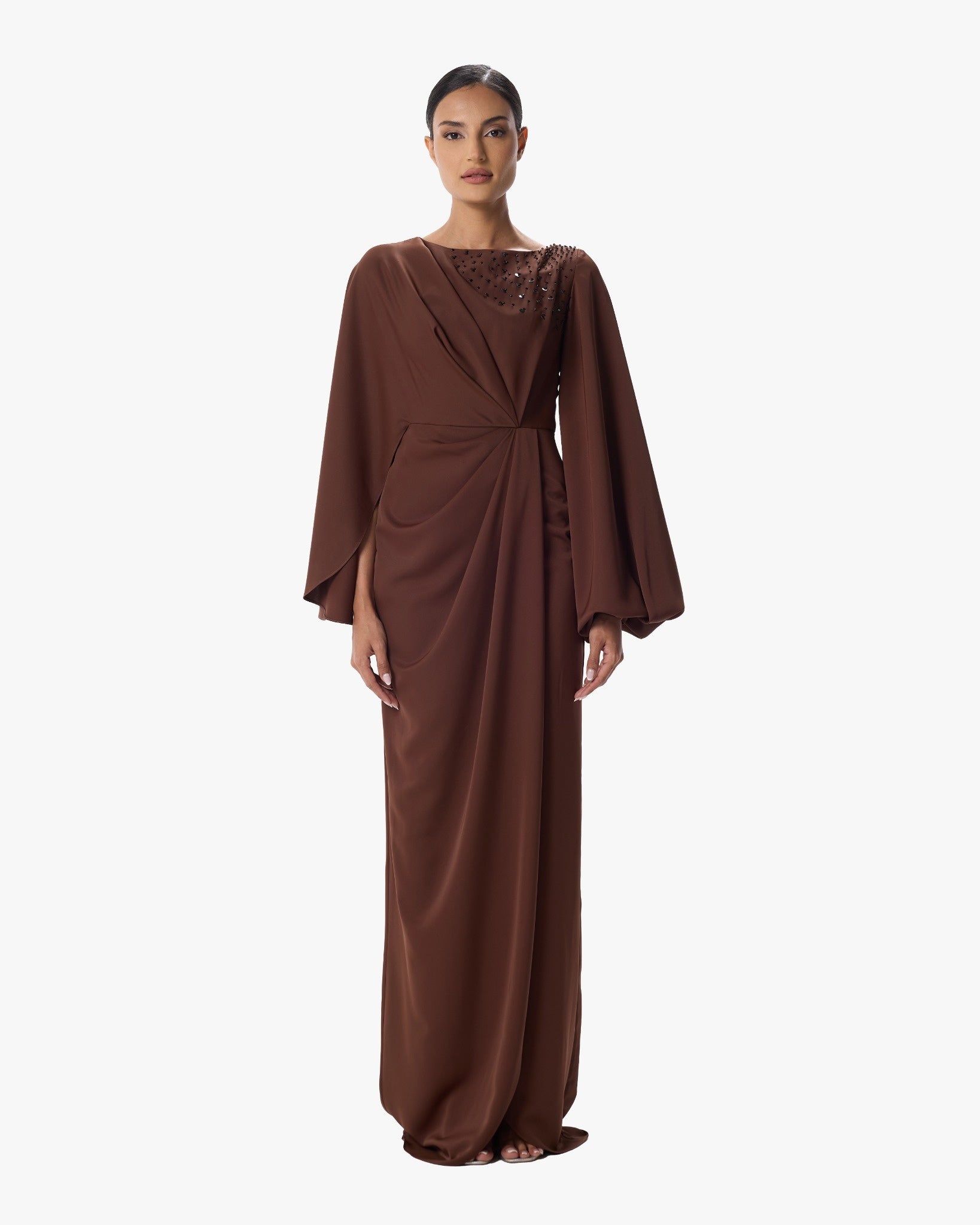 Giorgia Brown Crepe Column Dress with Bell Sleeves