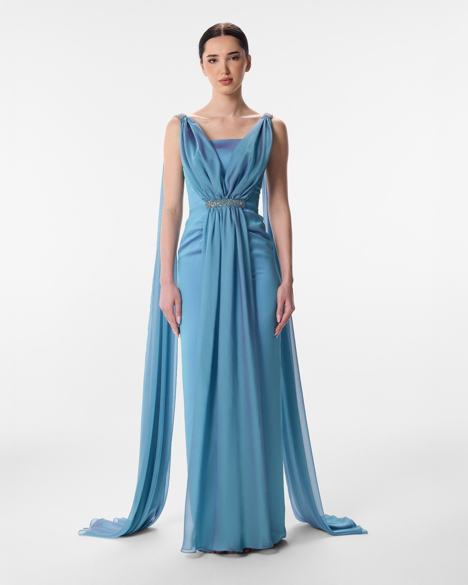 Harmonia Sky Blue Grecian Crystal Chiffon Gown