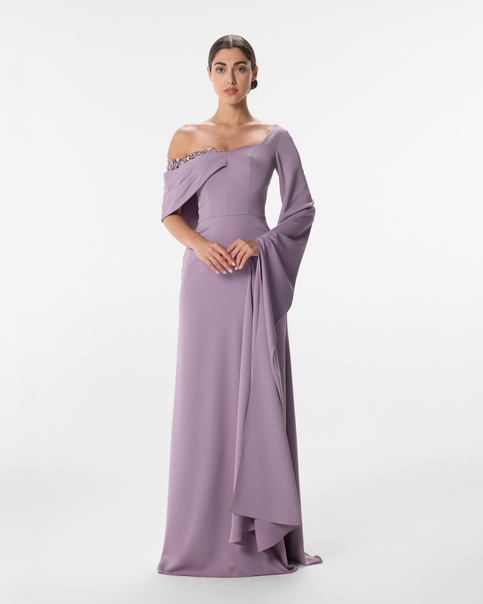 Rubina Lavender Asymmetric Off Shoulder Bell Sleeve Dress