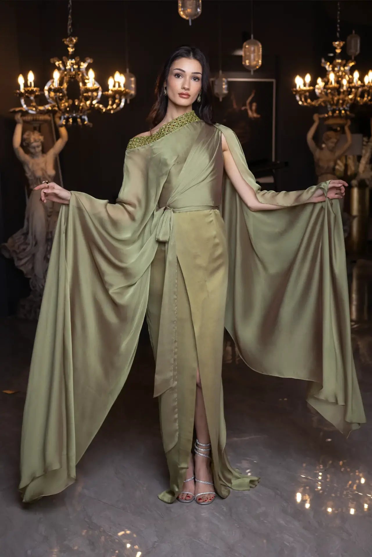 Vérité Majestique PF2025 Baroque Dress with extended chiffon sleeves and cinched waist, showcasing elegant movement and luxurious design.