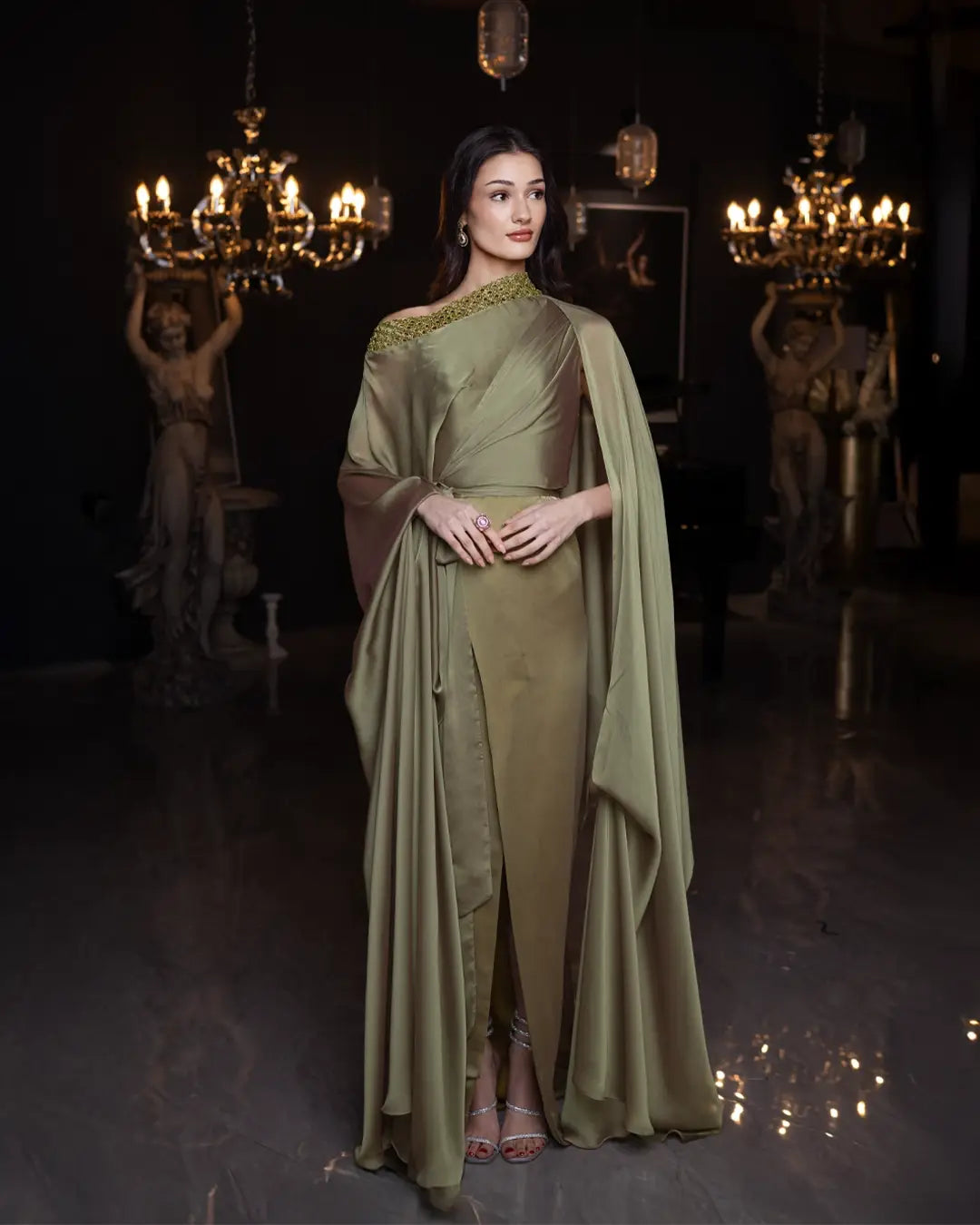 Baroque Dress Chiffon - Vérité Majestique 2025 in sage green, featuring a one-shoulder silhouette and flowing chiffon drape, ideal for formal events.