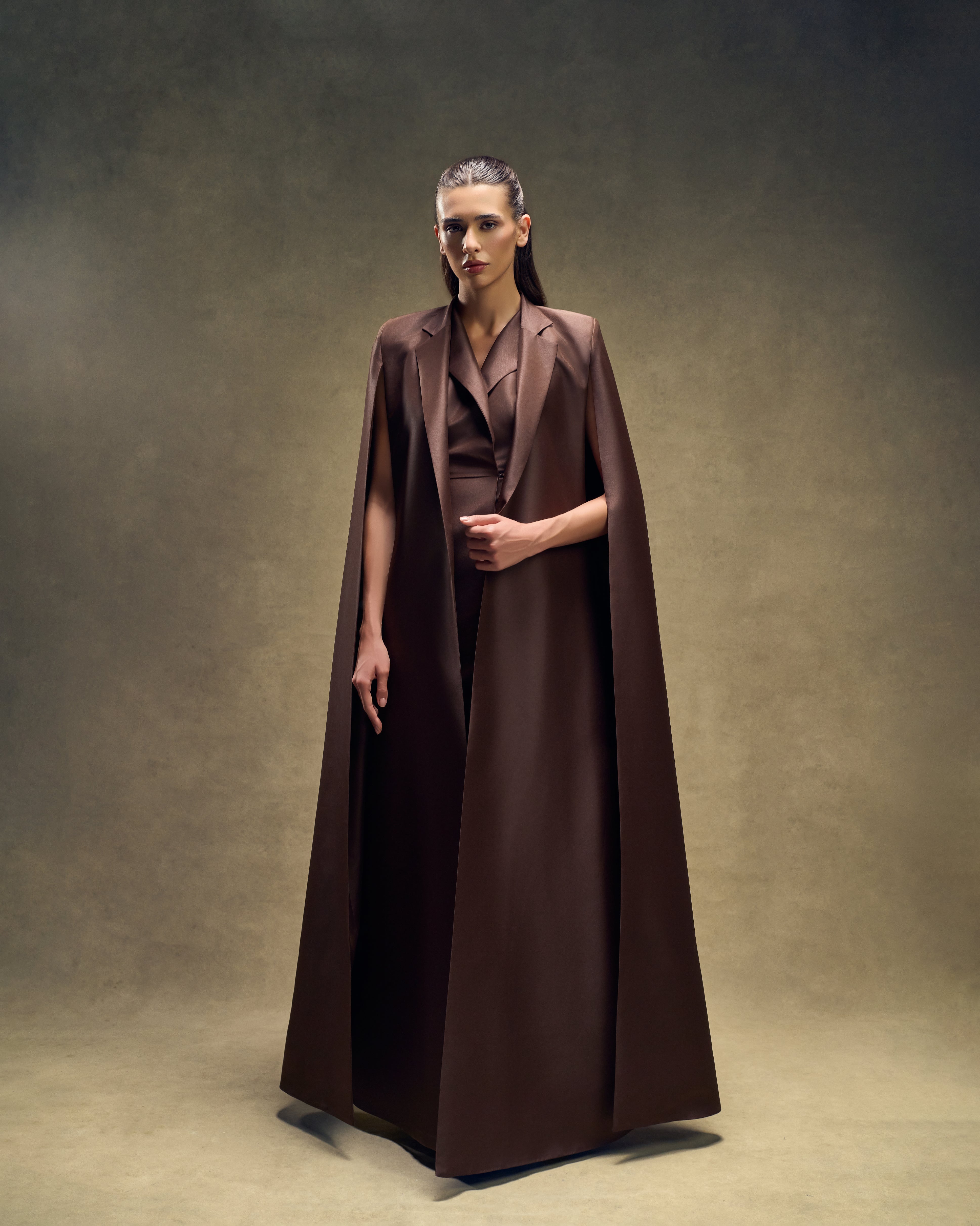 Cocoa Luxe Brown Cape Textured Gown