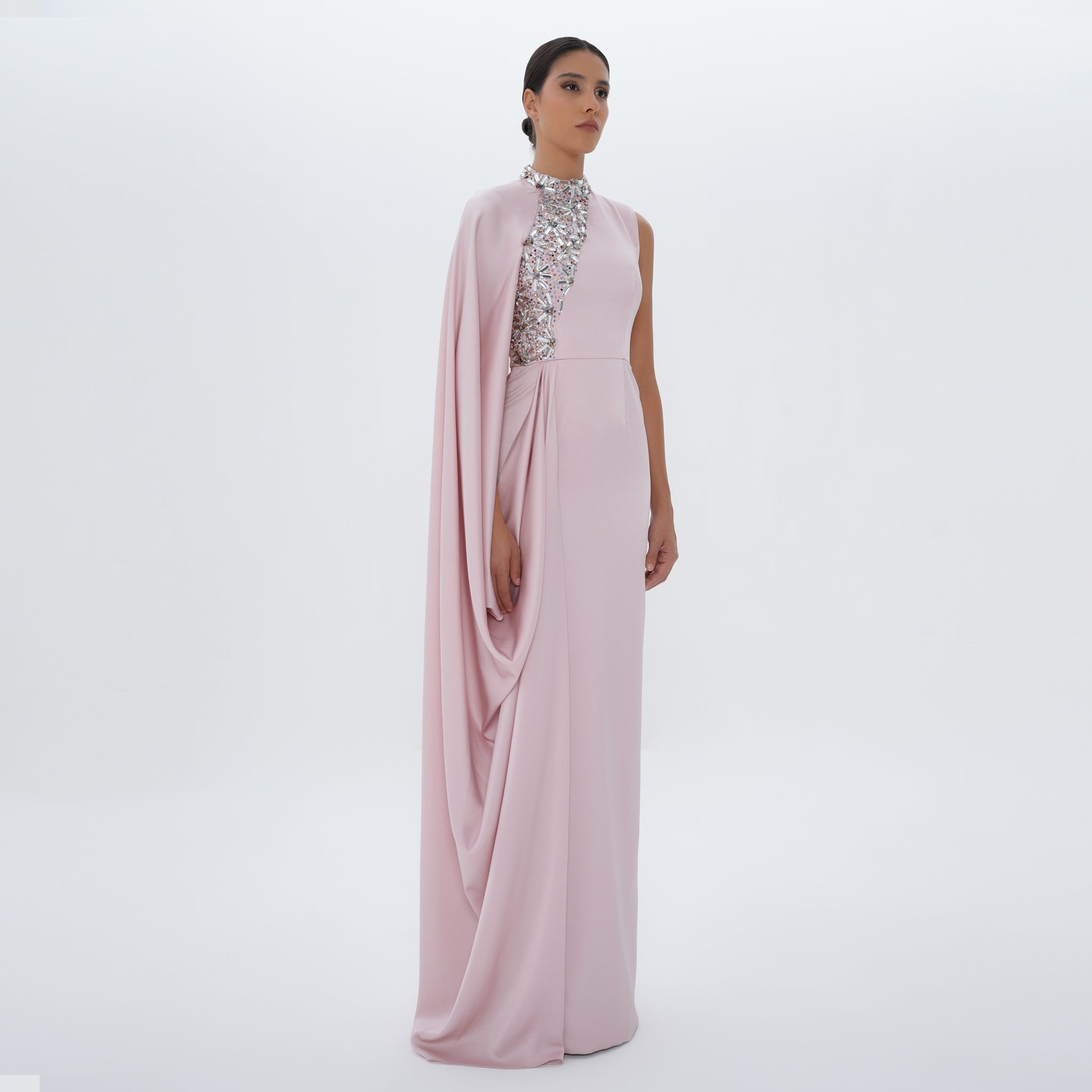 Aaliyah Pink Quartz Satin Crystal Embellished Cape Gown, front view | Maison MOOEi