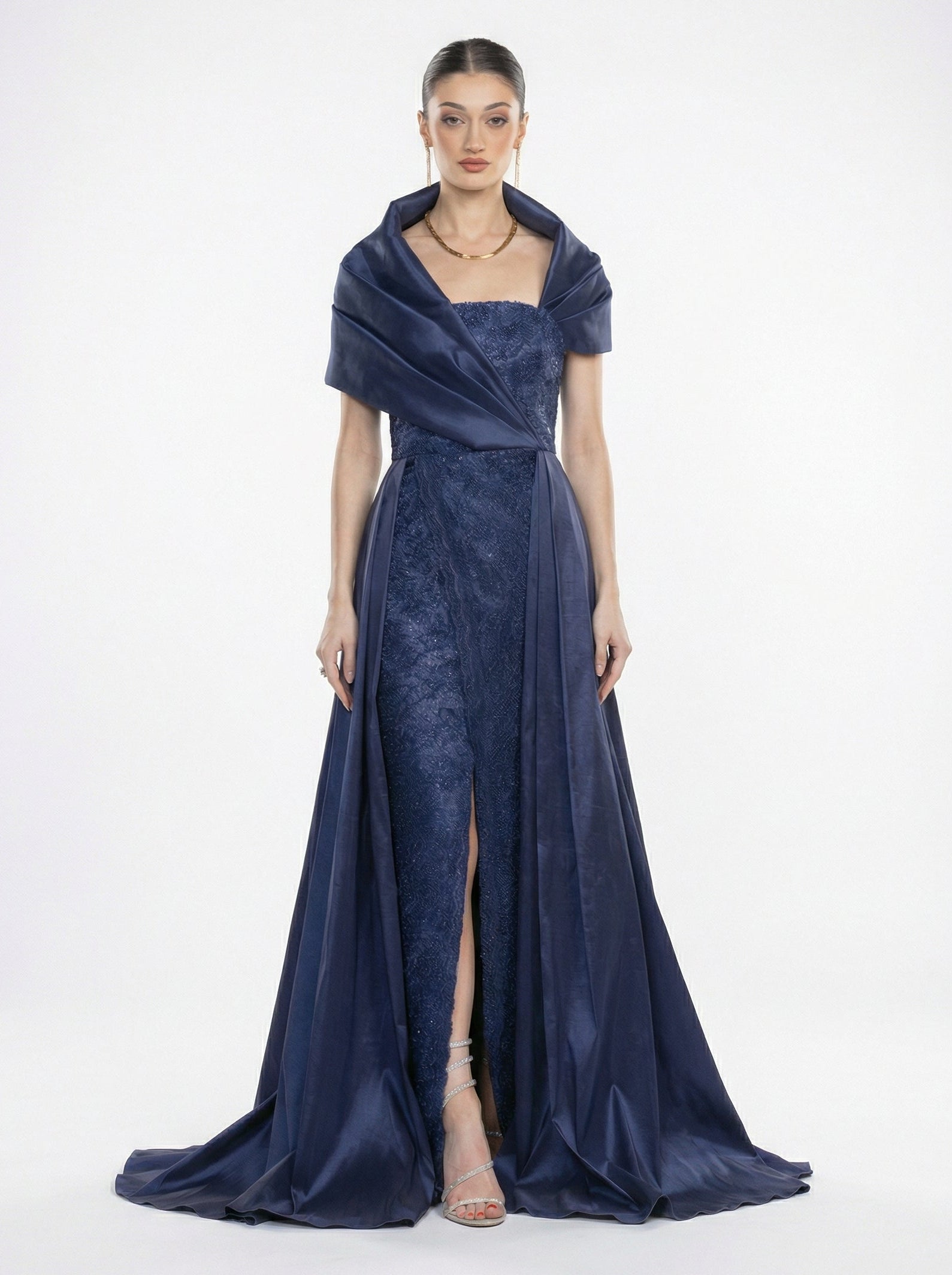 Azzura Dress - Elegant Navy Blue Taffeta & Lace