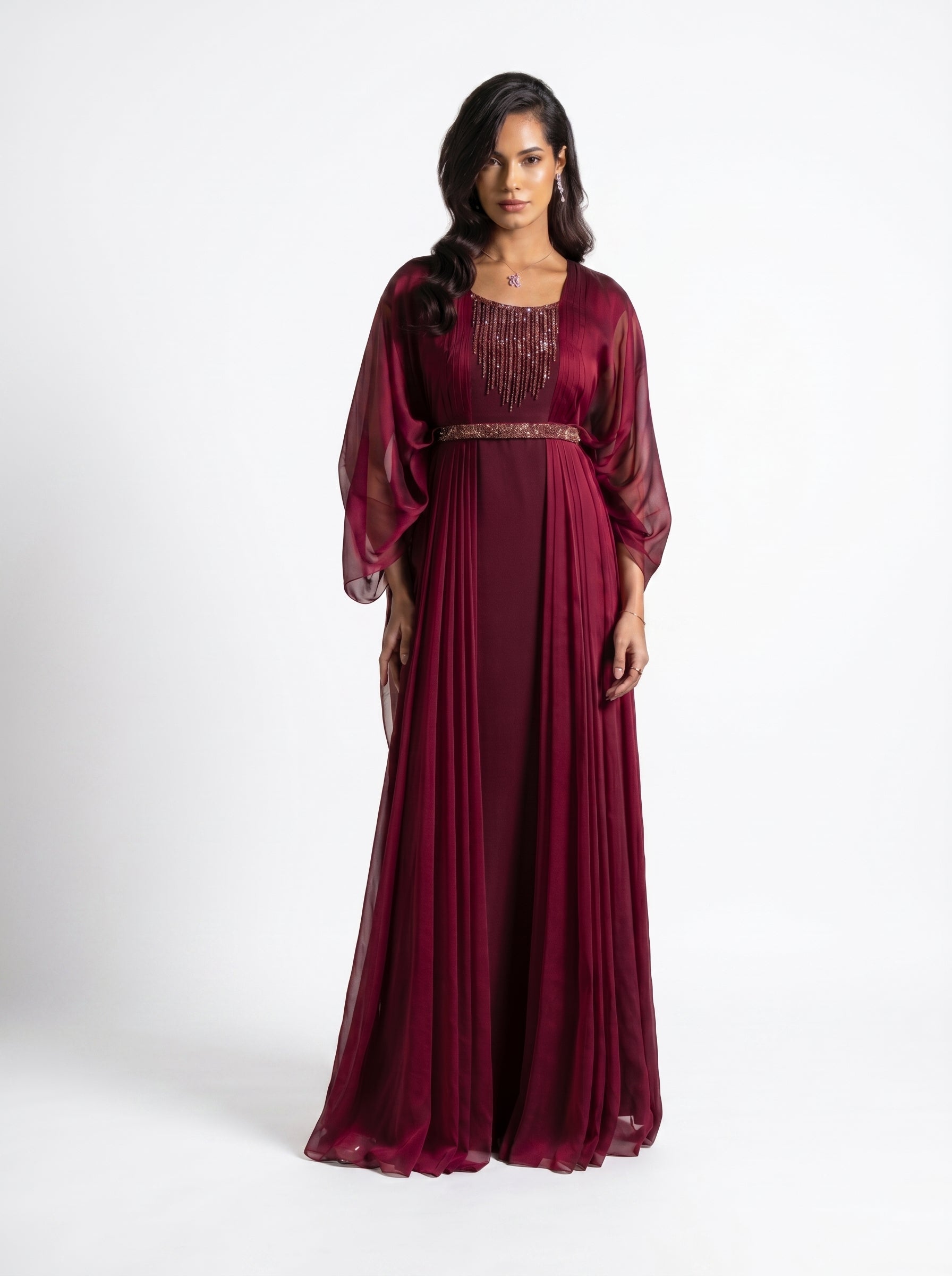 Burgaya Maroon Chiffon Pleated Beaded Gown
