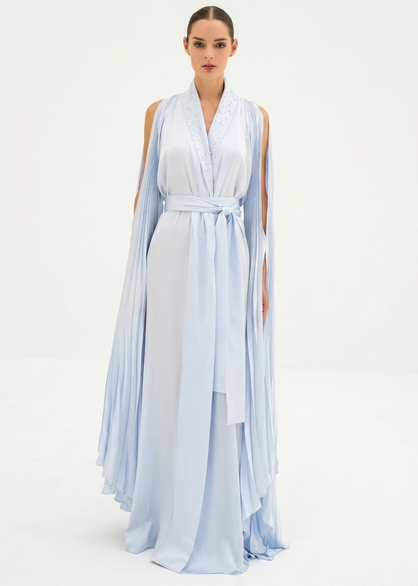 Andrea Ice Blue Pleated Crepe Dress