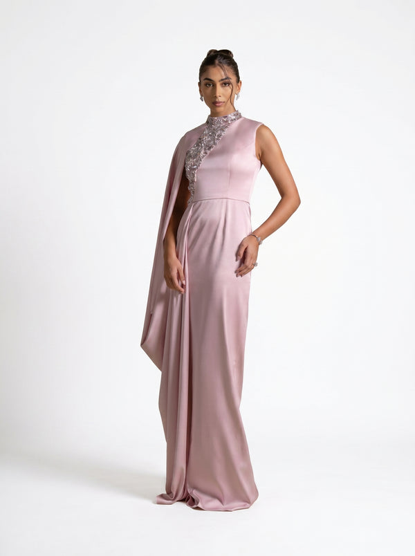 Aaliyah Pink Quartz Satin Crystal Embellished Cape Gown by MOOEi — Luxury Evening Wear Dubai