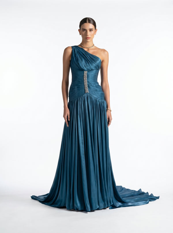 Layali Turquoise One Shoulder Ruched Embellished Couture Gown