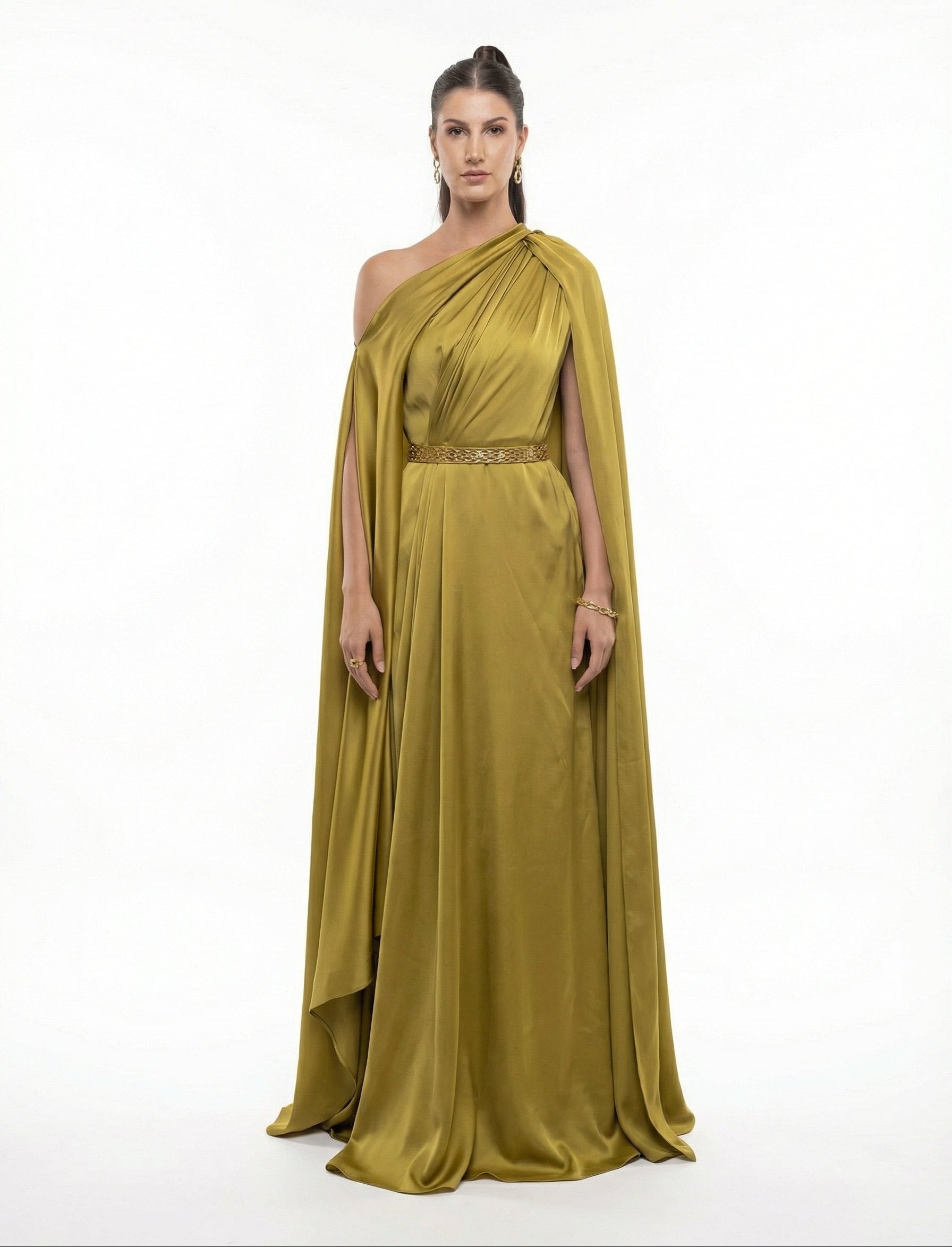 Ambre Dress - Elegant Olive Green Satin Evening Wear | MOOEi