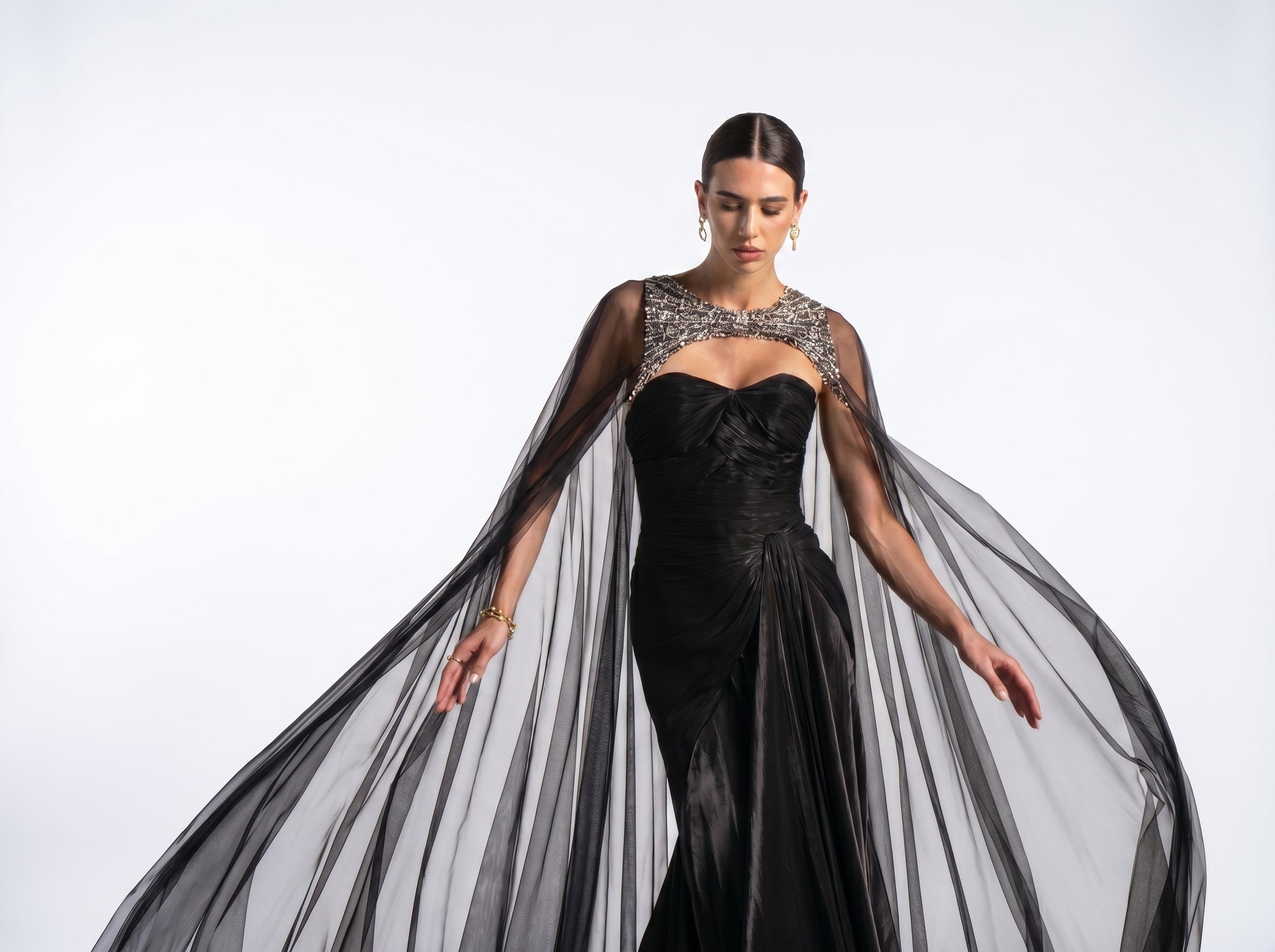 Neriah Black Sweetheart Embellished Sheer Tulle Cape Couture Gown