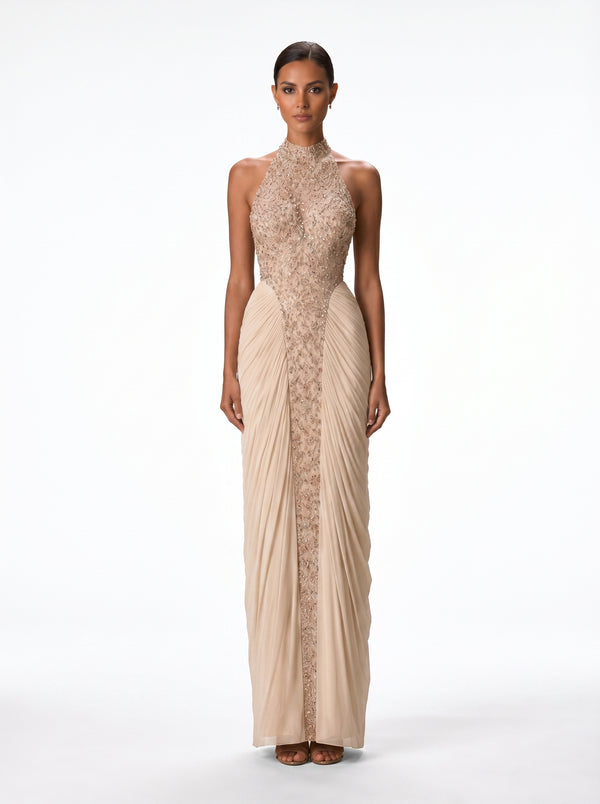 Lindy Beige Sequin Halter Column Gown