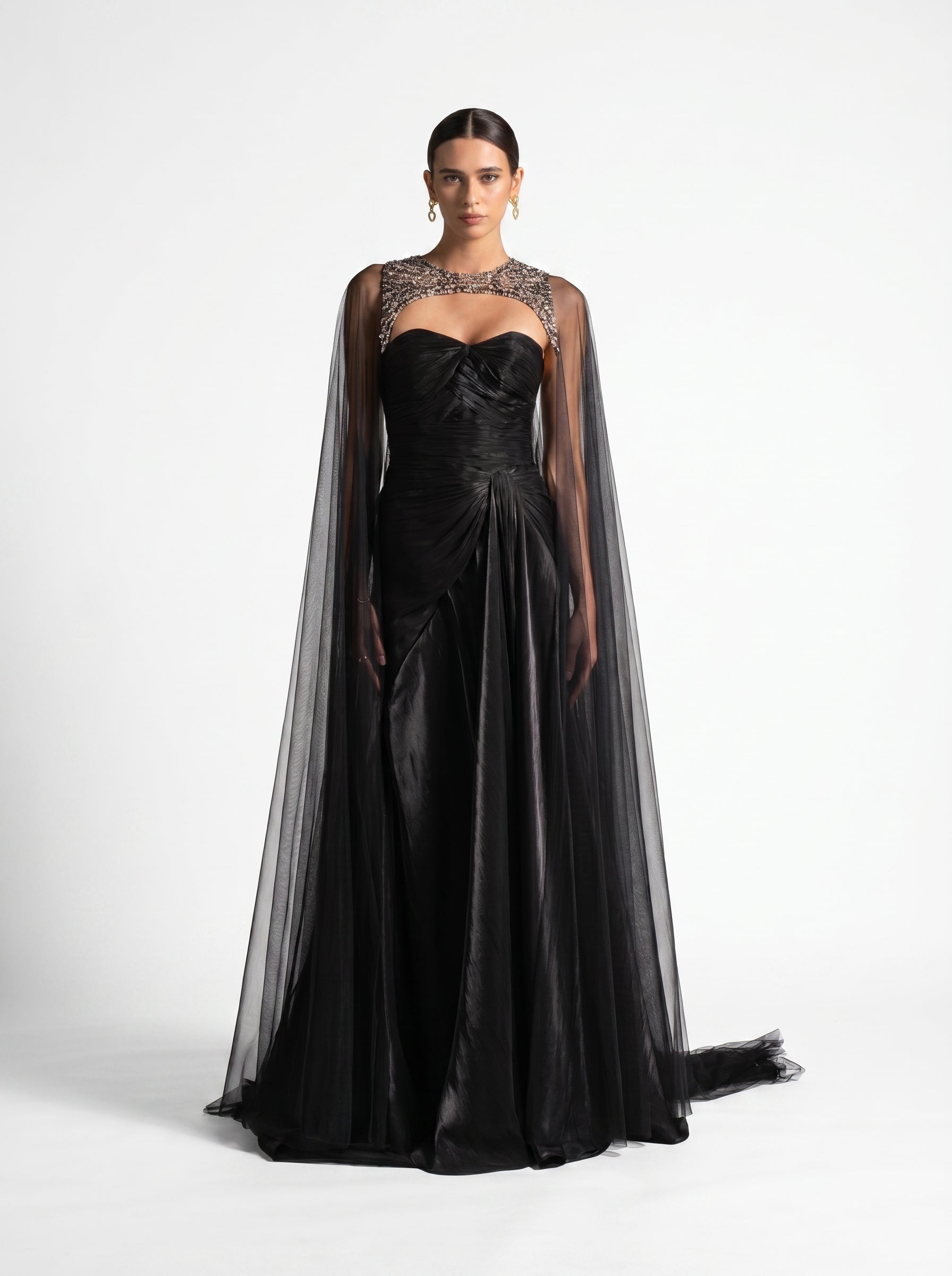 black sheer tulle dress Neriah Embellished Cape Gown Sub CT Nichii فساتين سهرة Sleeve Style Little Black Dress - Color:Black 1