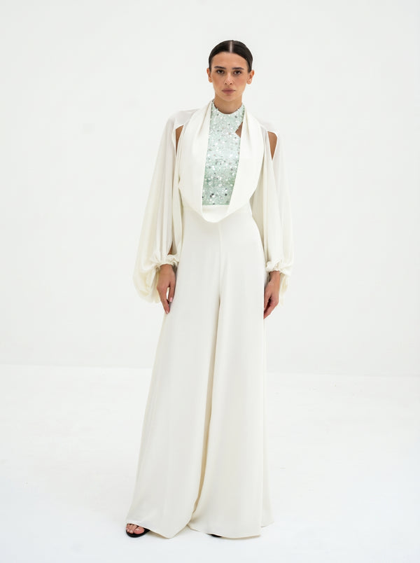 Celestine Ivory Embellished Couture Jumpsuit in Chiffon