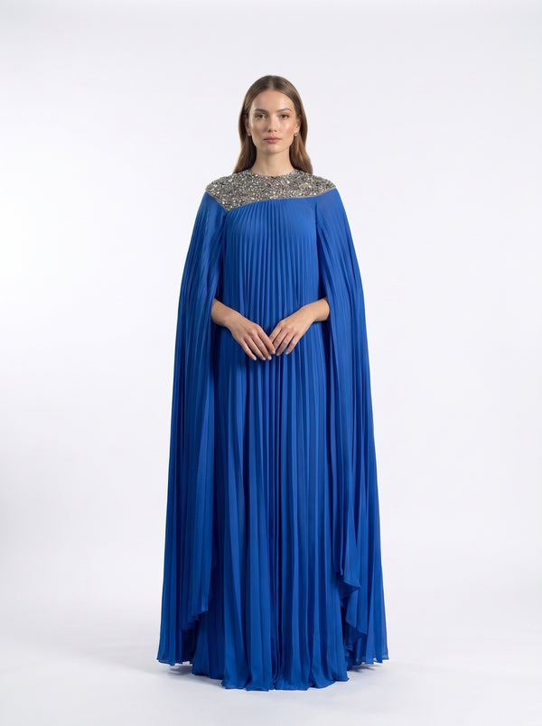 Eleanor Royal Blue Pleated Crystal Embellished Cape Gown