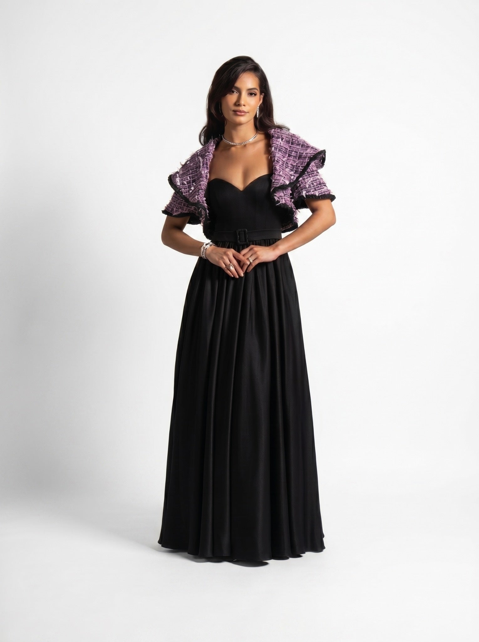 sheer black jacket for evening dress Zyra Gown with Tweed Set wall mounted dressing table designs for bedroom length cocktail dress combines Boho Cotton Woven Table Color:Purple Floral