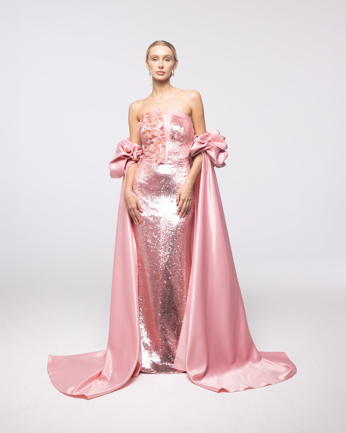Aphrodite Rose Sequin Strapless Cape Gown, front view | Helen of Troy SS27 | Maison MOOEi