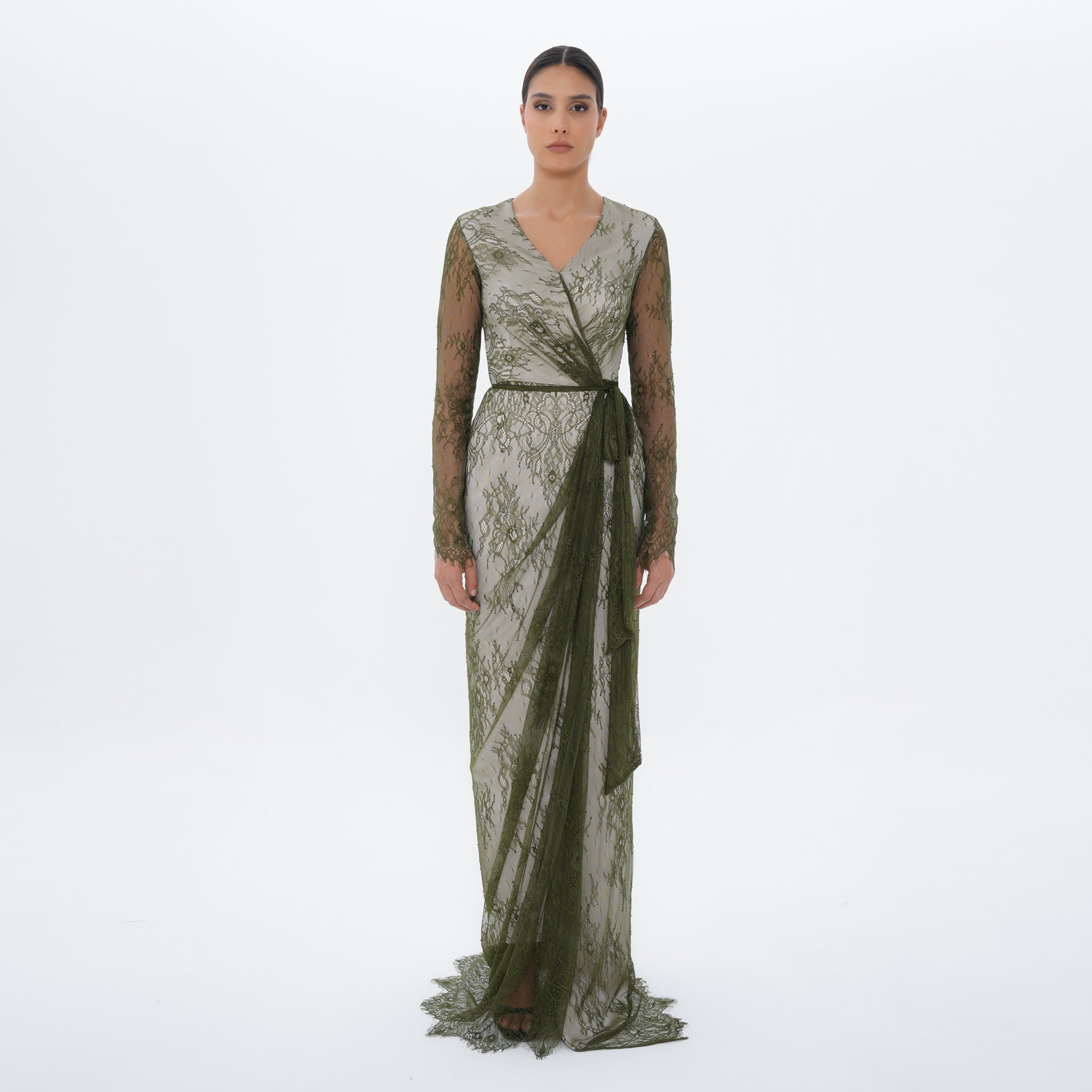 Athena Olive Lace Wrap Gown with Satin Sash, front view | Helen of Troy SS27 | Maison MOOEi