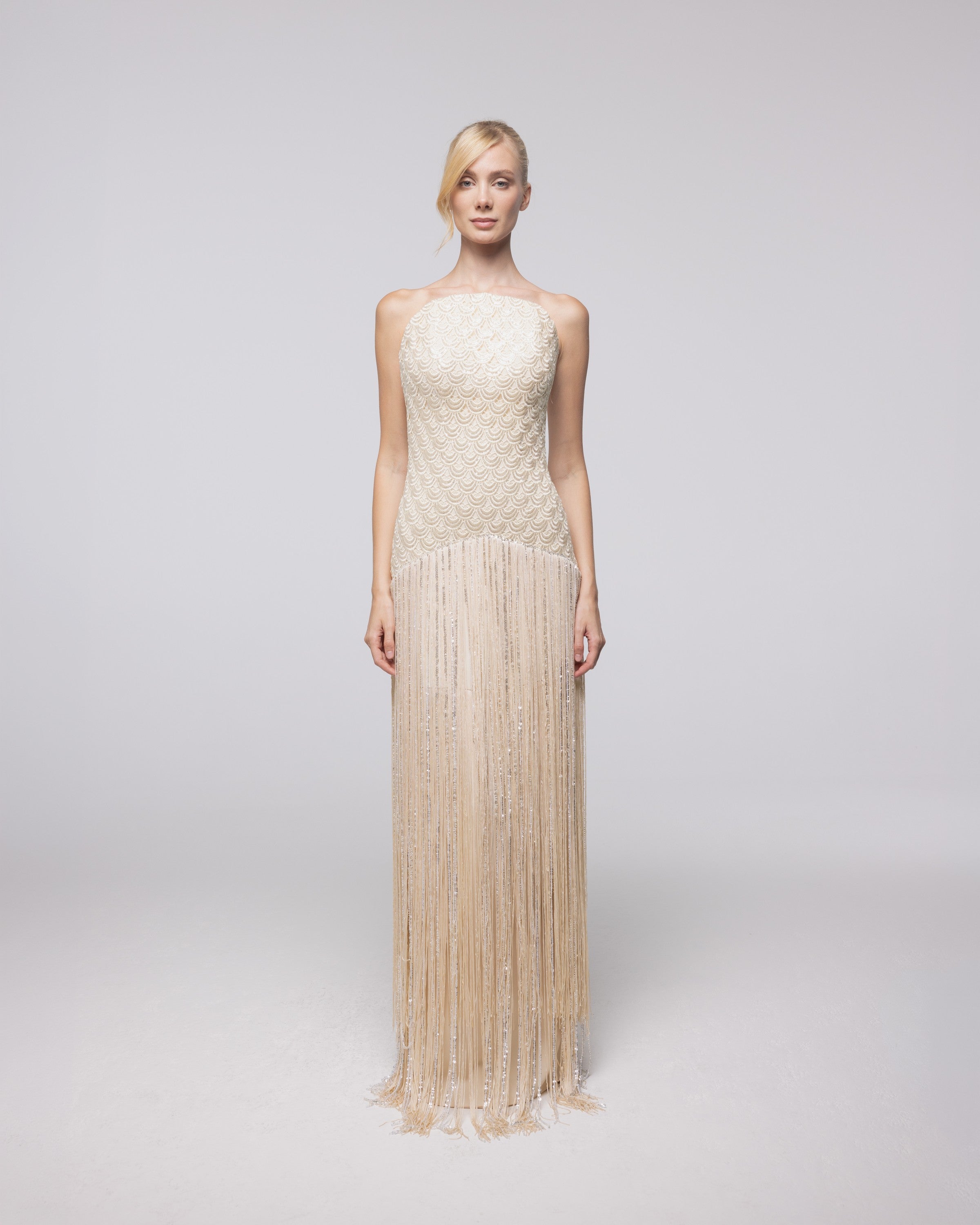 Pandora Champagne Beaded Fringe Gown