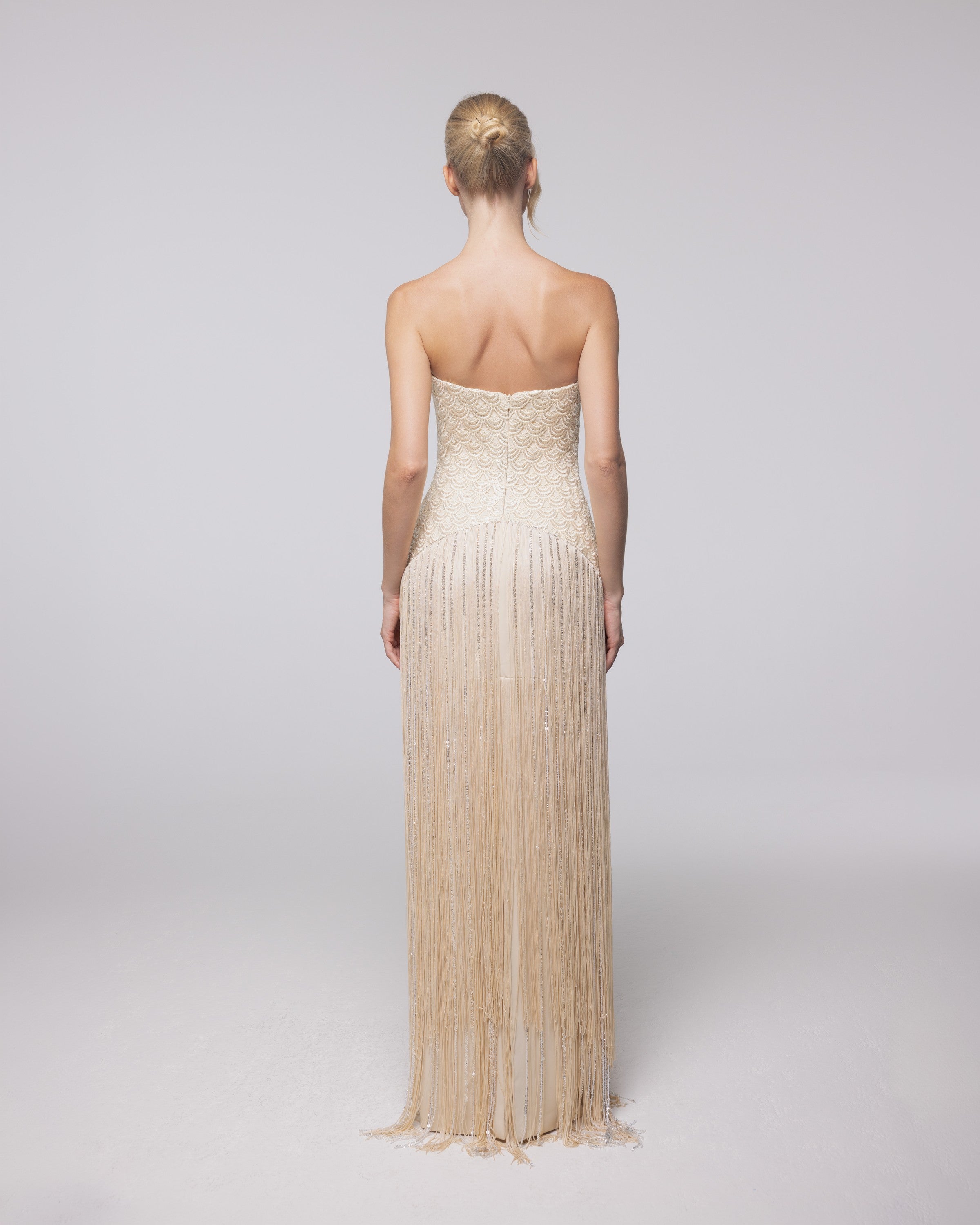 Aurelia Champagne Beaded Fringe Gown, back view | Helen of Troy SS27 | Maison MOOEi