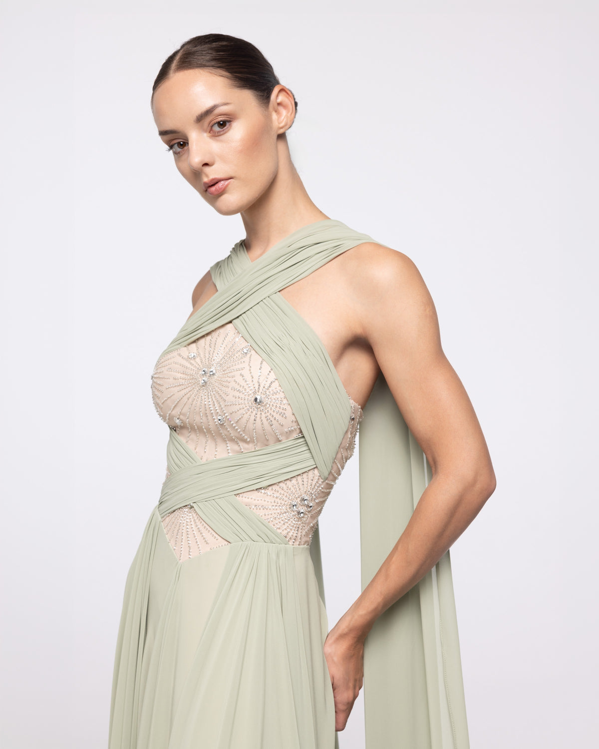 Atlanta Sage Green Crystal Halter Gown, close up detail | Helen of Troy SS27 | Maison MOOEi