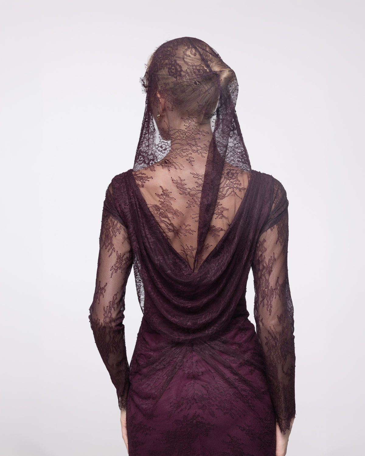 Nemesis Aubergine Lace Hooded Cowl Gown, back view | Helen of Troy SS27 | Maison MOOEi