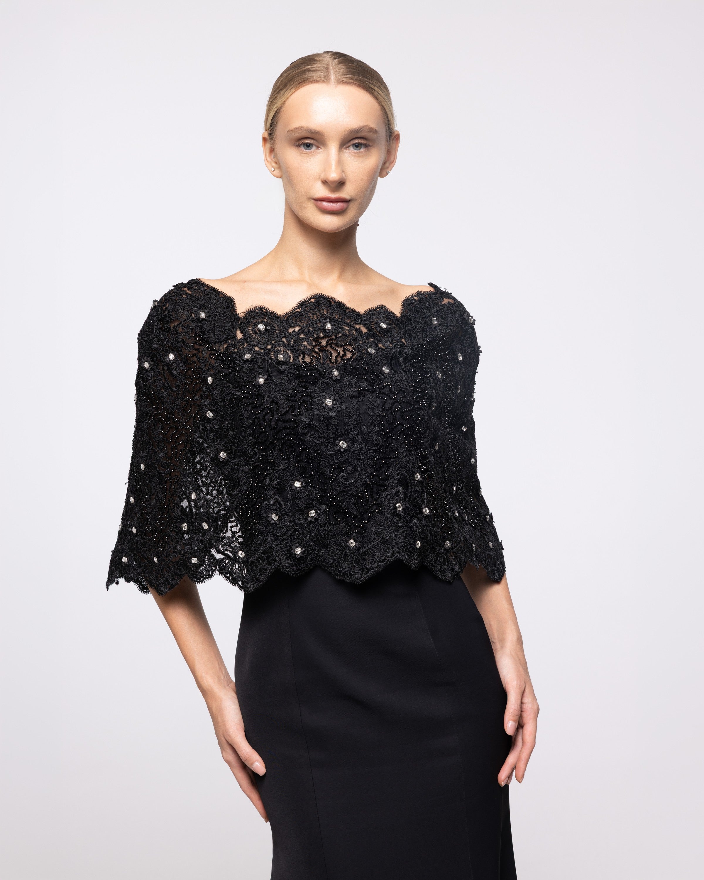 Crown Black Crepe Lace Capelet Gown, close up detail | Helen of Troy SS27 | Maison MOOEi