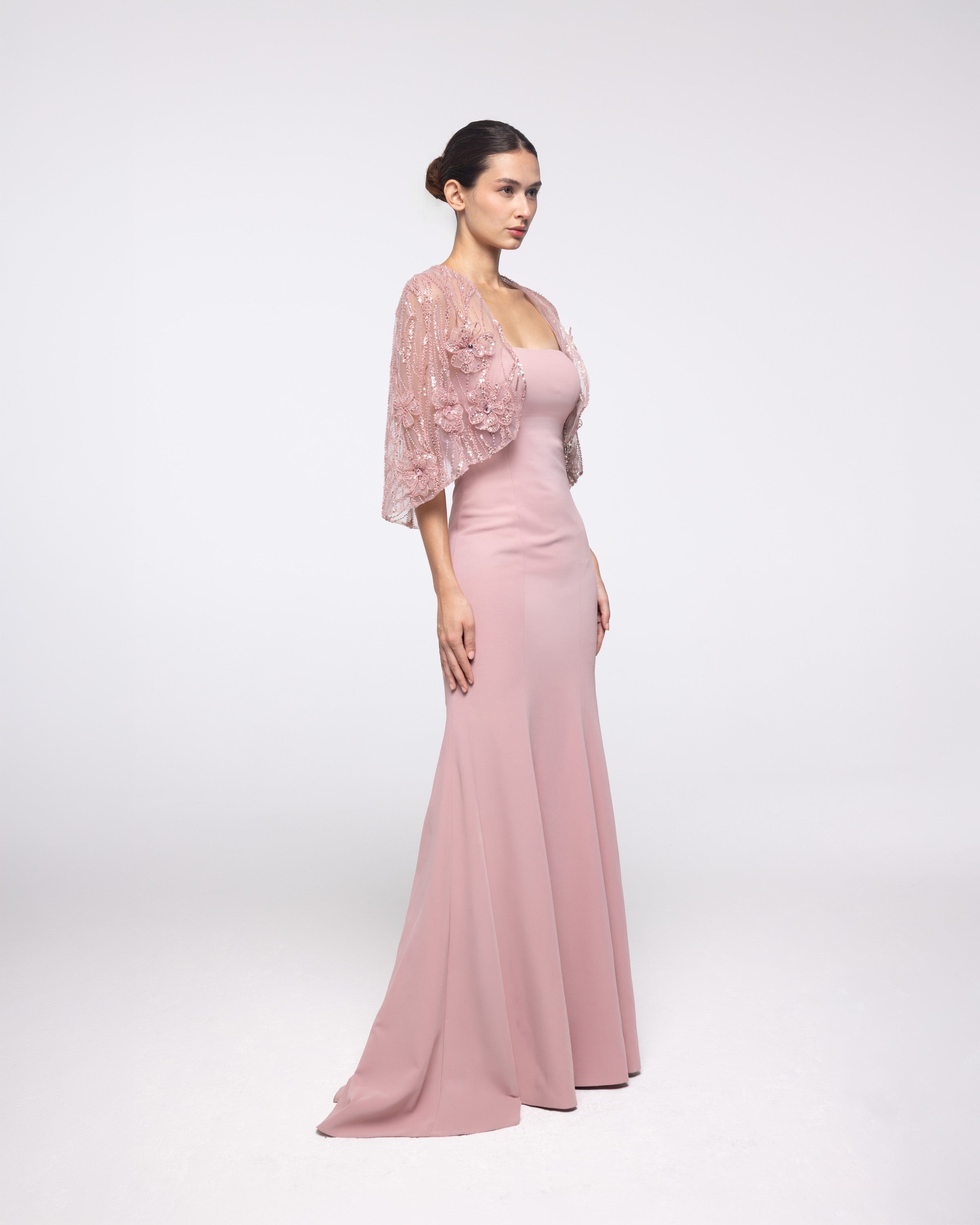 Dawn Blush Crepe Gown with Embroidered Capelet, front view | Helen of Troy SS27 | Maison MOOEi