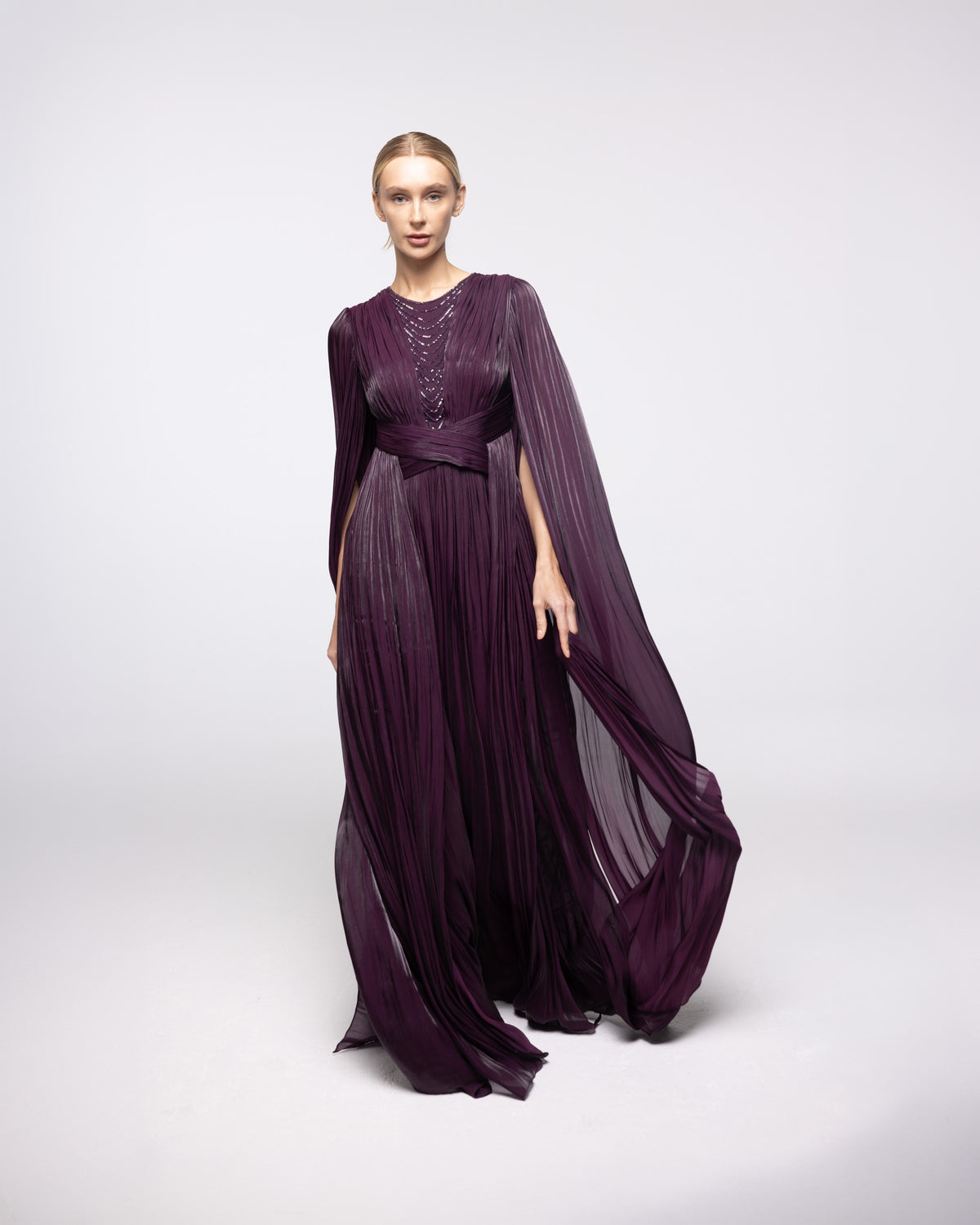 Persephone Aubergine Pleated Cape Sleeve Gown, front view | Helen of Troy SS27 | Maison MOOEi
