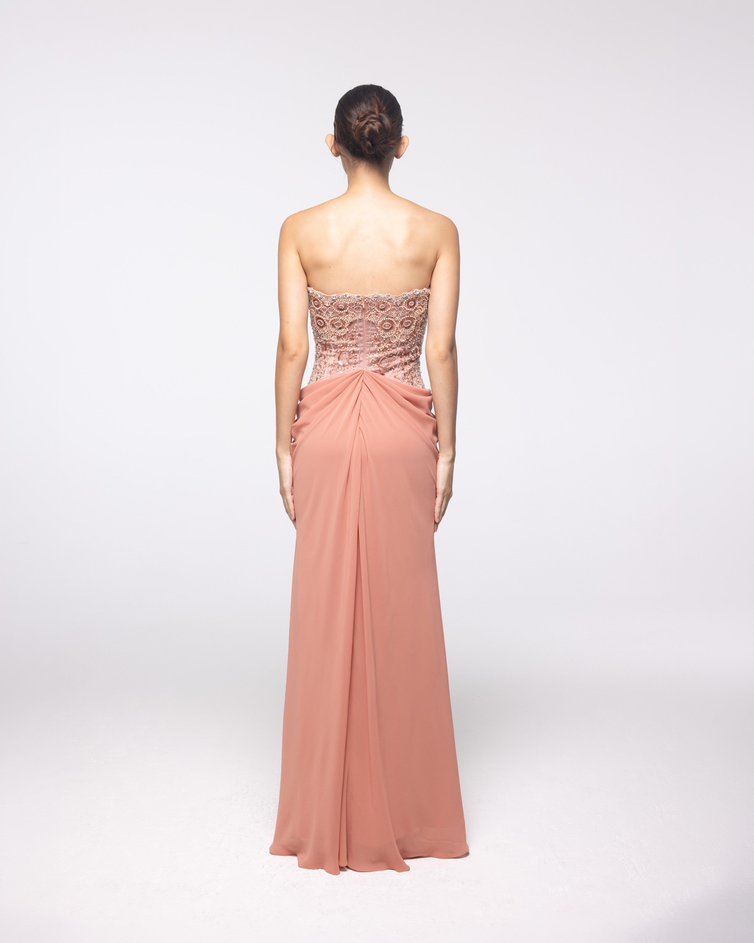 Evenstar Terracotta Beaded Strapless Gown, back view | Helen of Troy SS27 | Maison MOOEi