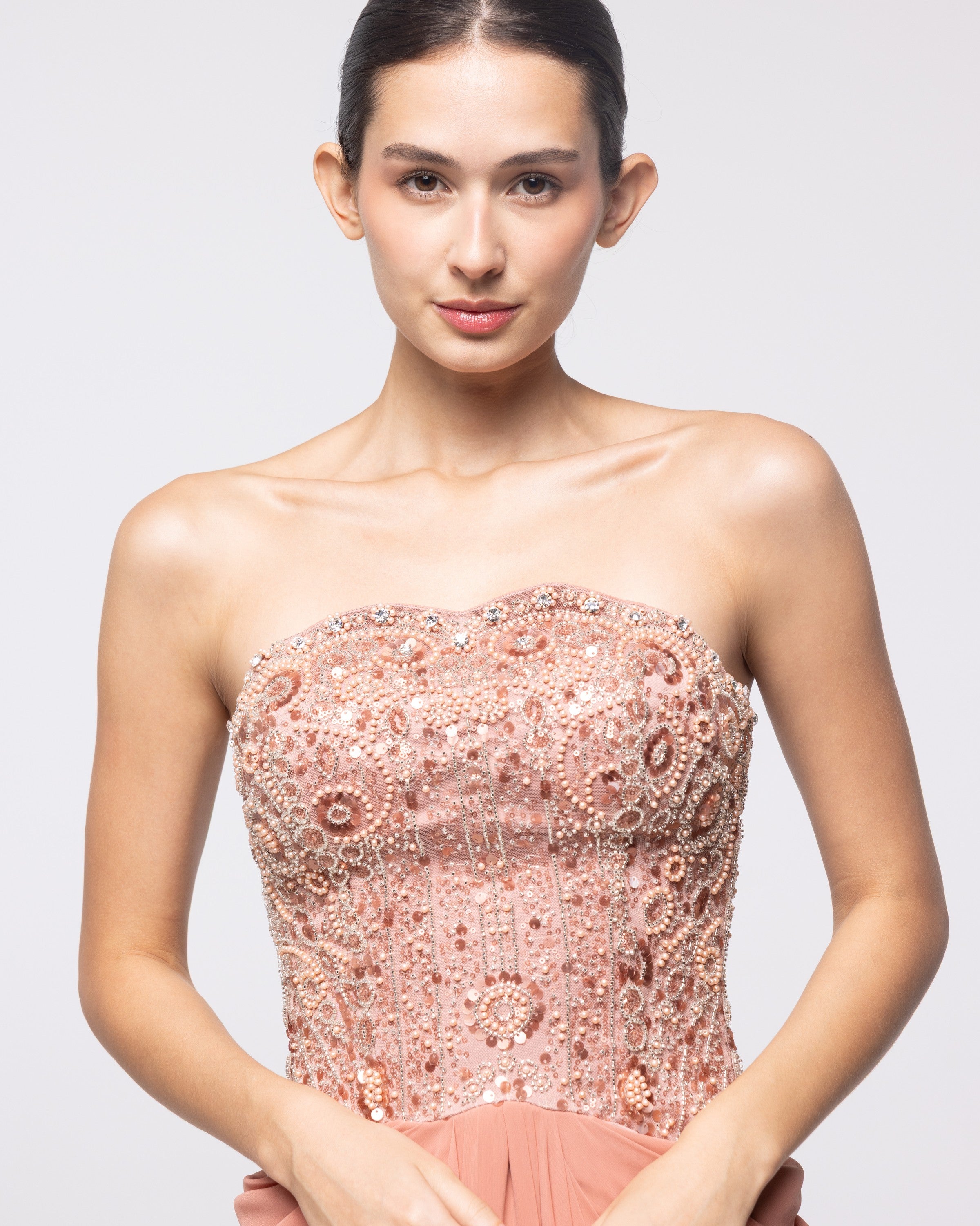 Evenstar Terracotta Beaded Strapless Gown, close up detail | Helen of Troy SS27 | Maison MOOEi