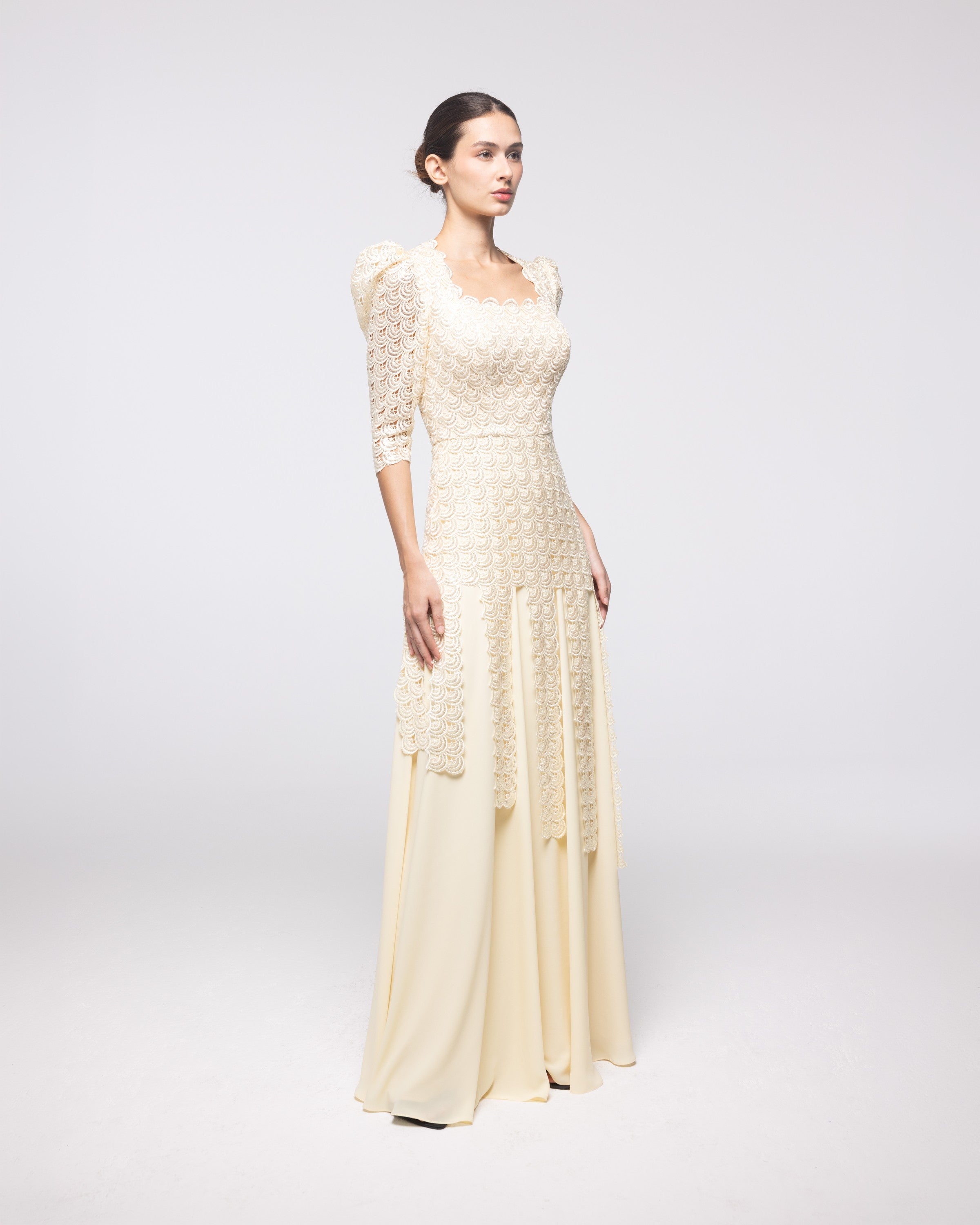 Heiress Champagne Scalloped Lace Gown, front view | Helen of Troy SS27 | Maison MOOEi