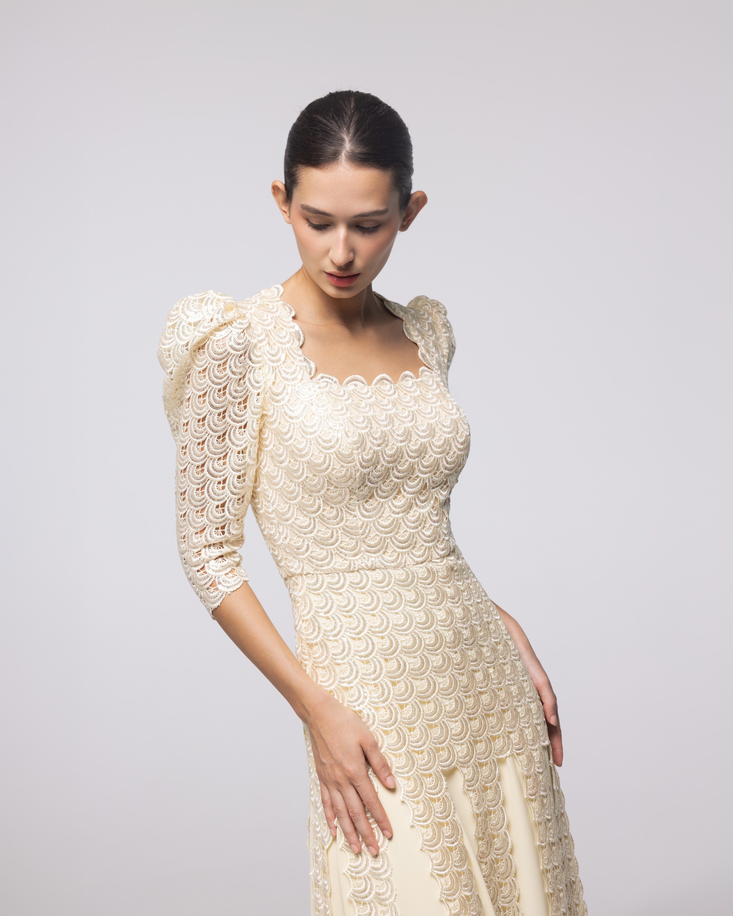 Heiress Champagne Scalloped Lace Gown, close up detail | Helen of Troy SS27 | Maison MOOEi