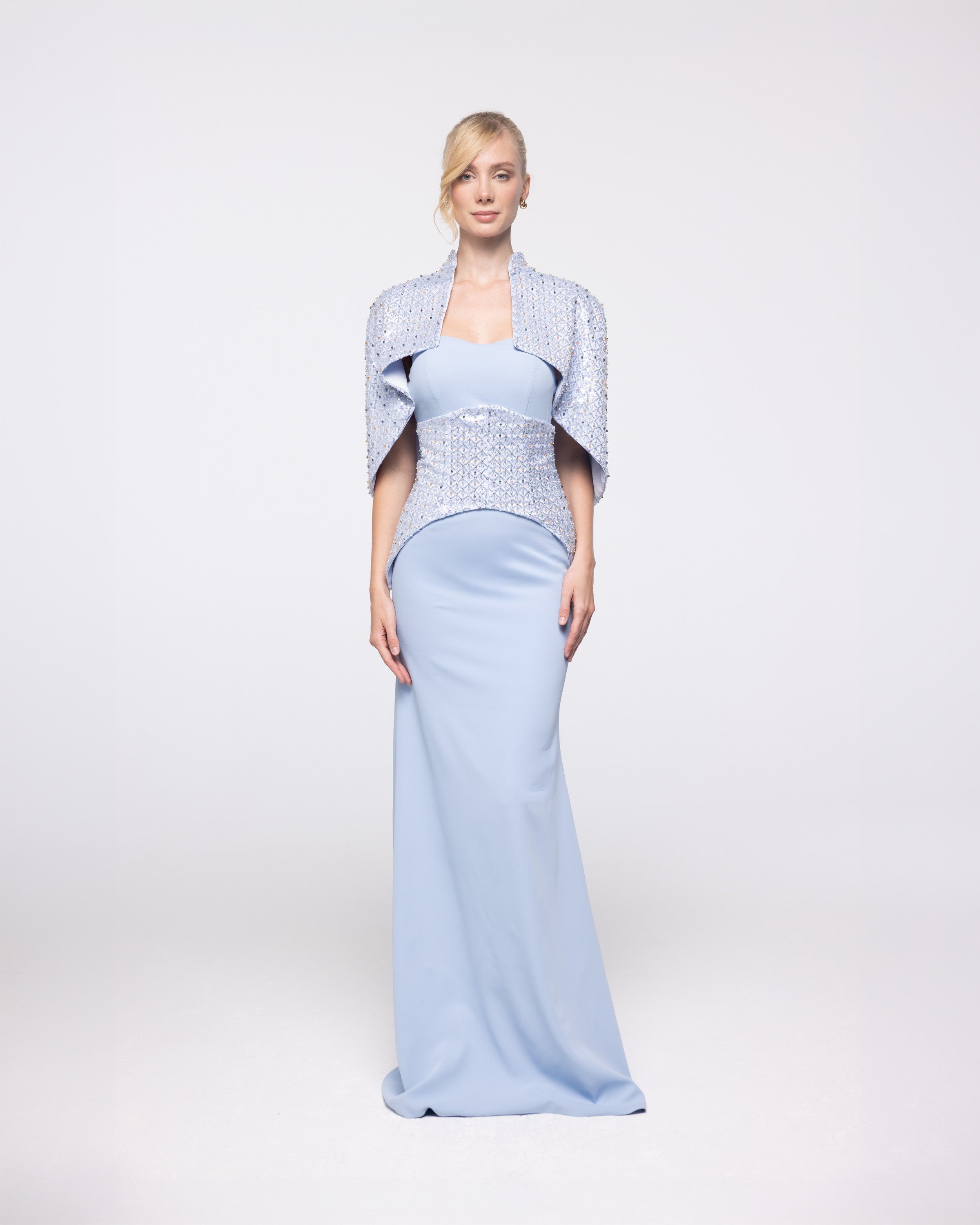 Horizon Powder Blue Strapless Gown with Capelet, front view | Helen of Troy SS27 | Maison MOOEi