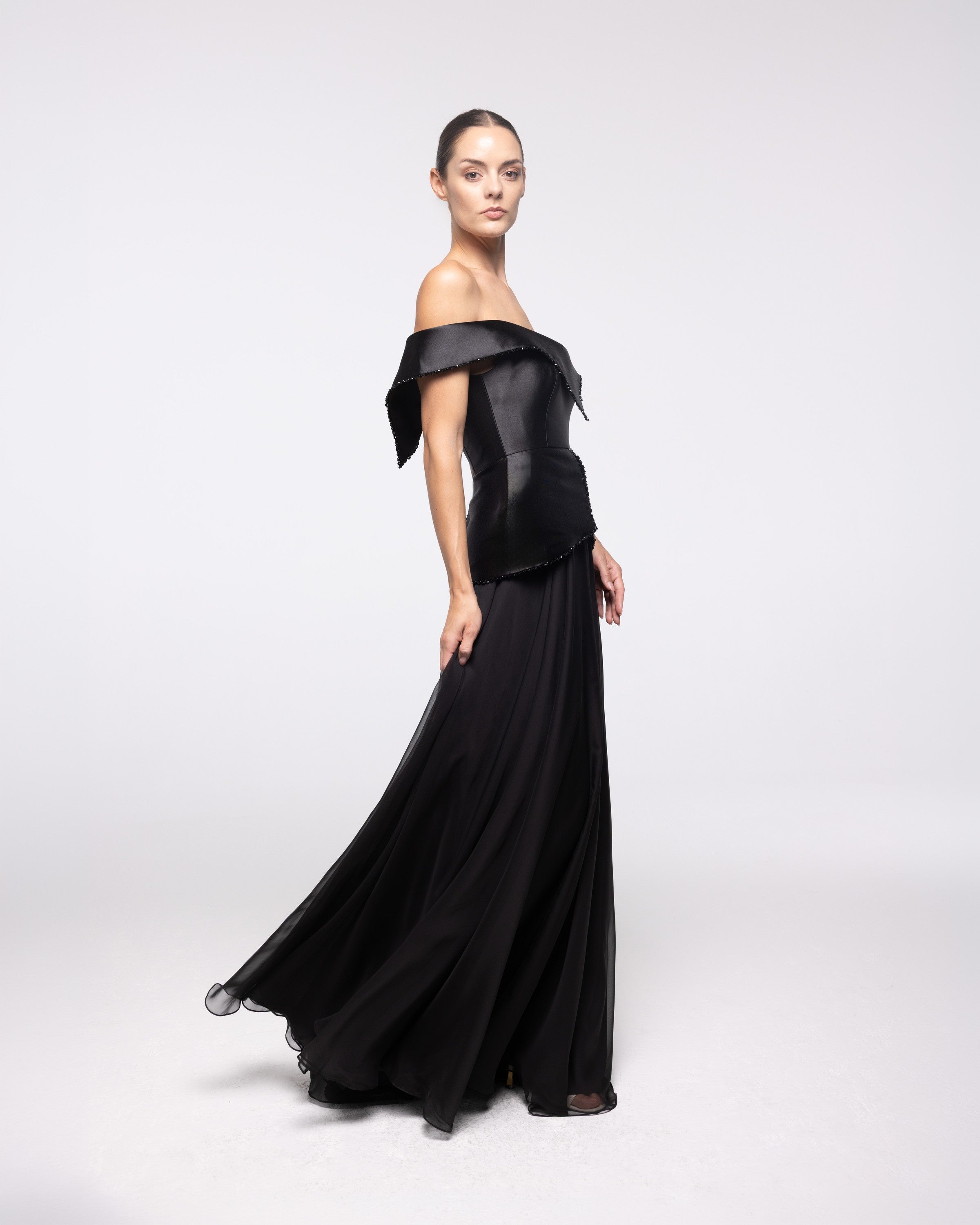 Imperia Black Off Shoulder Peplum Gown, front view | Helen of Troy SS27 | Maison MOOEi
