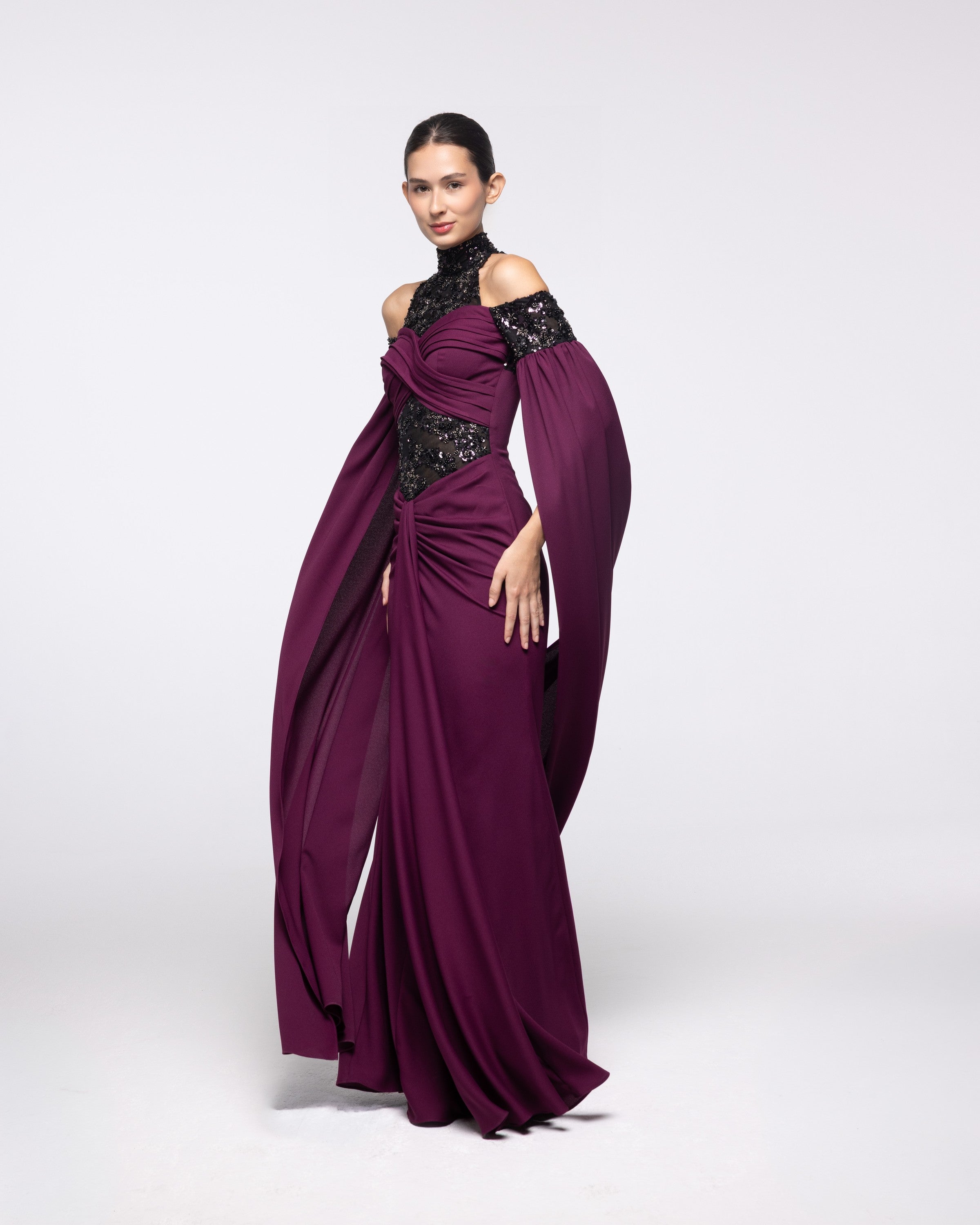 Reverence Wine Plum Lace High Neck Gown, side view | Helen of Troy SS27 | Maison MOOEi