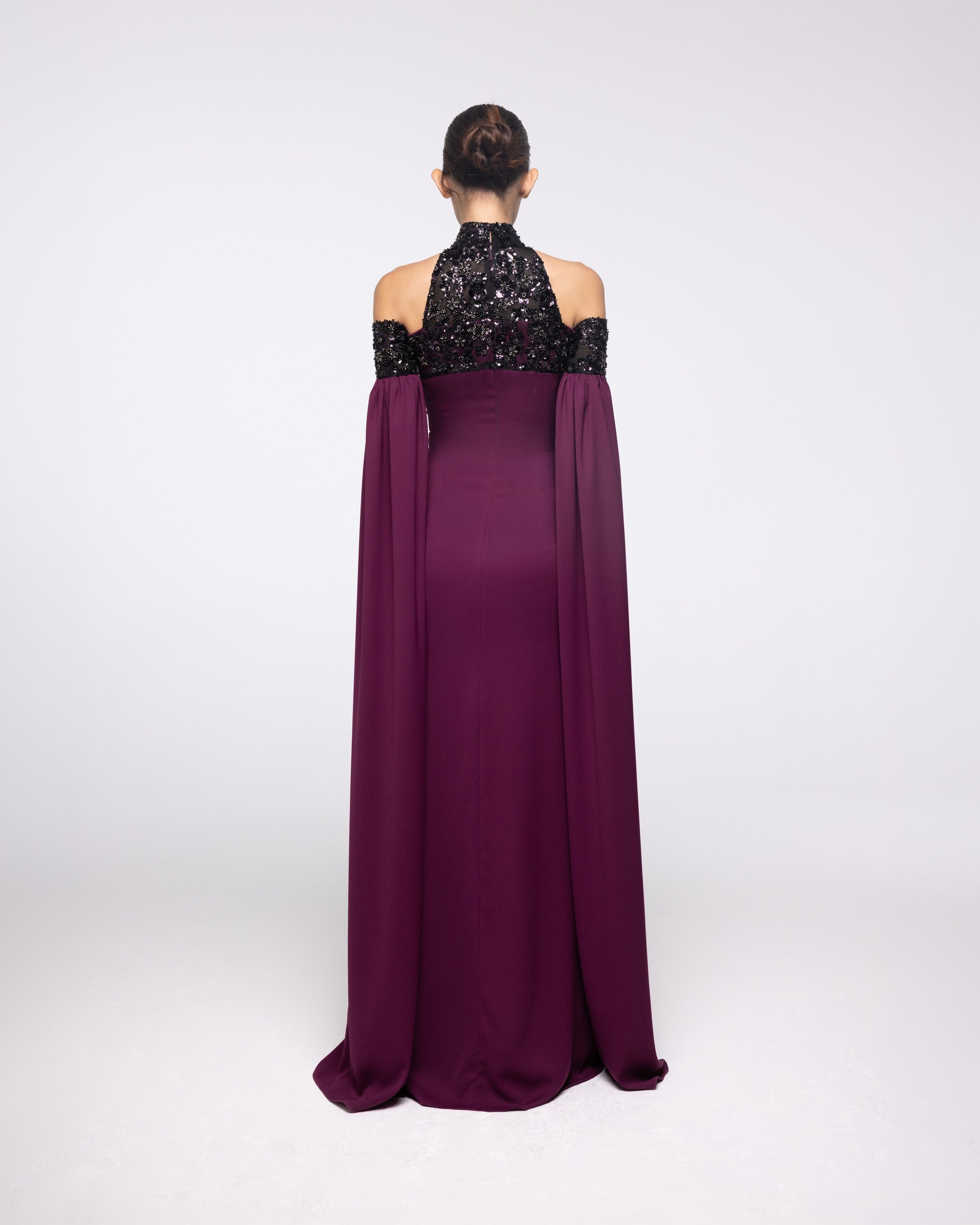 Reverence Wine Plum Lace High Neck Gown, back view | Helen of Troy SS27 | Maison MOOEi