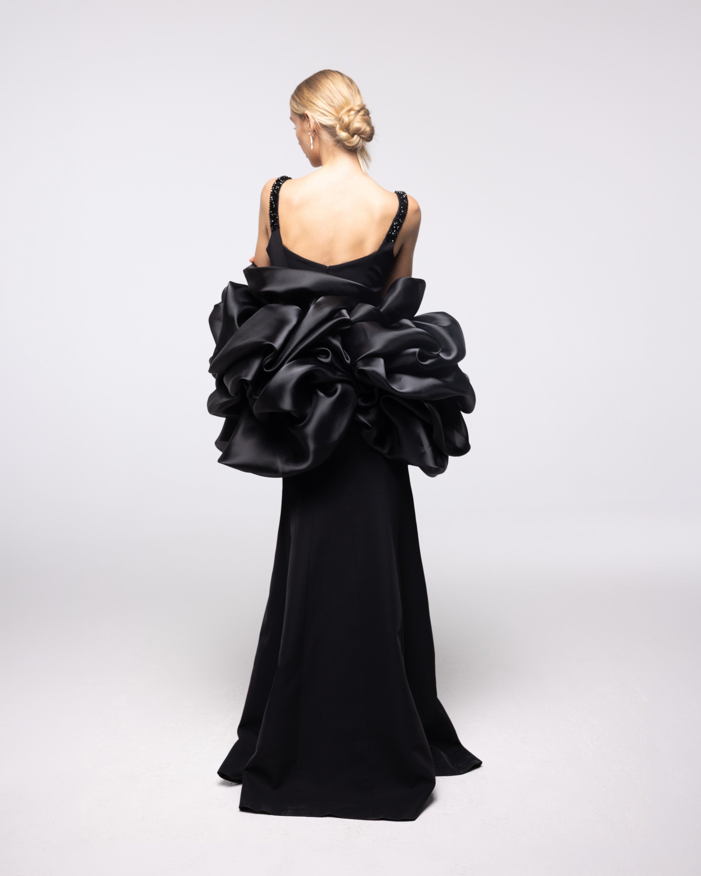 Sovereign Black Beaded Organza Stole Gown, back view | Helen of Troy SS27 | Maison MOOEi