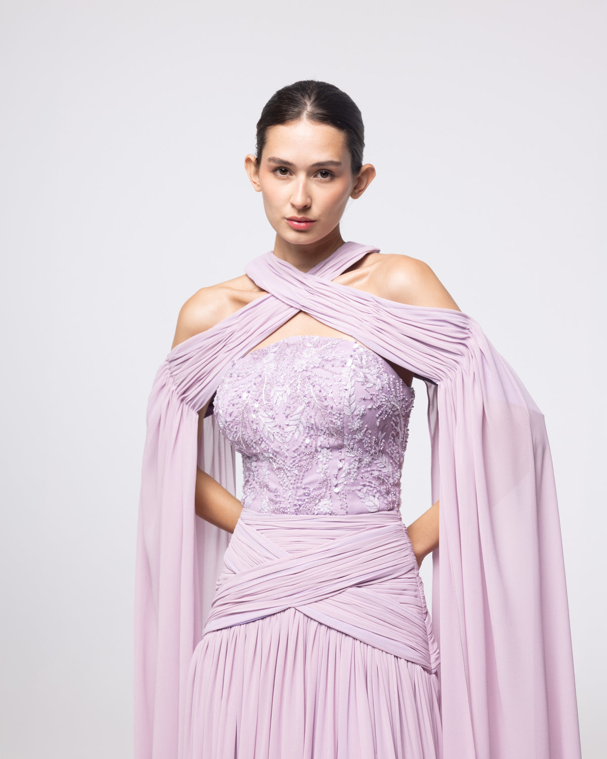 Ariadne Lavender Chiffon Halter Cape Gown, close up detail | Helen of Troy SS27 | Maison MOOEi