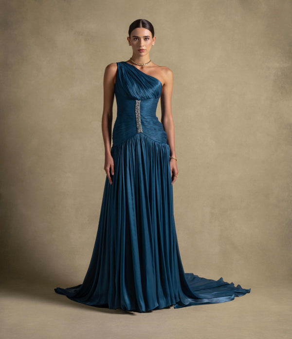 Layali Dress: Turquoise one-shoulder maxi dress with fitted ruched bodice, elegant evening wear from Zarina Couture.
