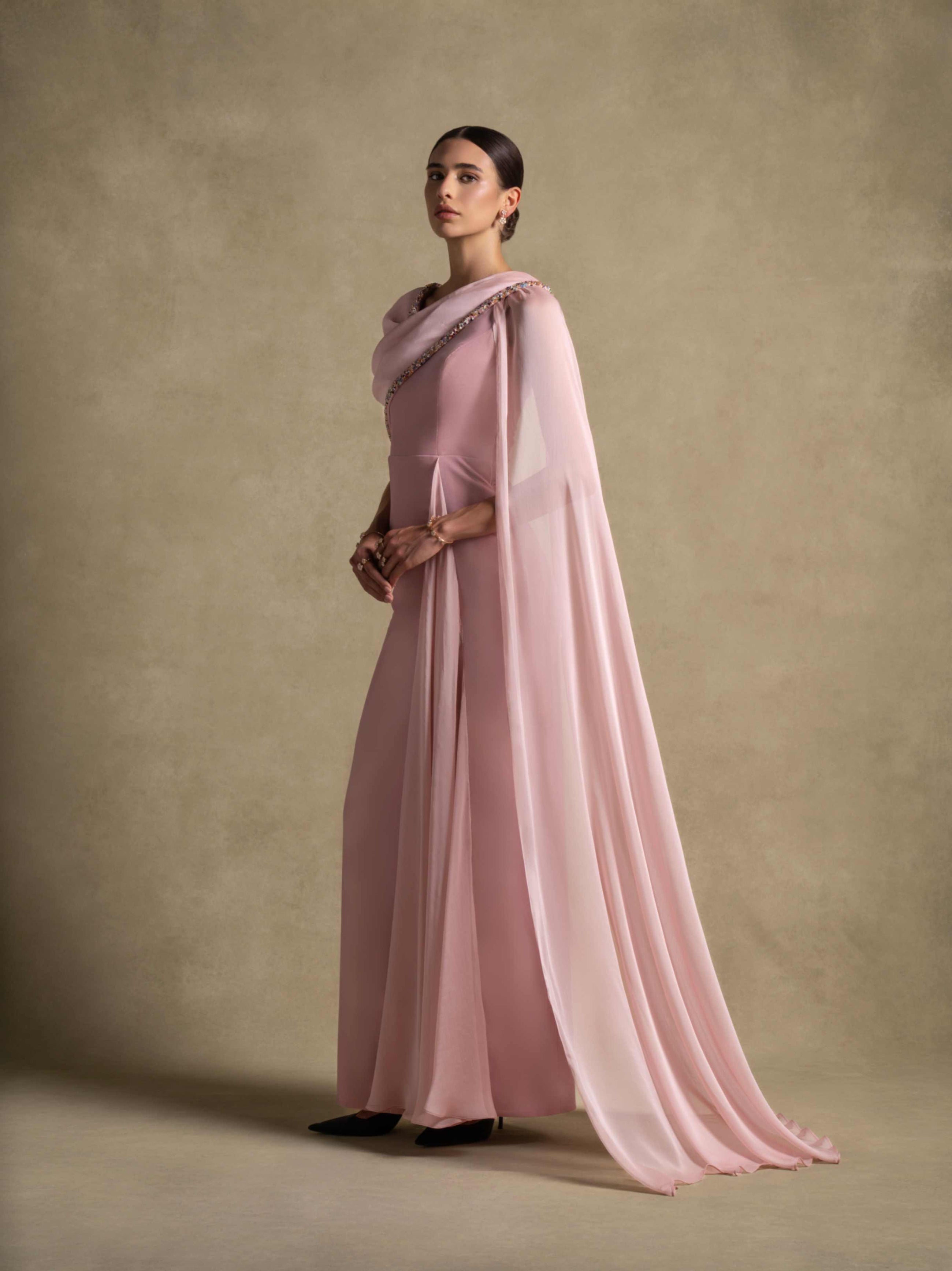 Meghan Dress in soft Pink Quartz with chiffon drape and beadwork, perfect for luxury evening wear.