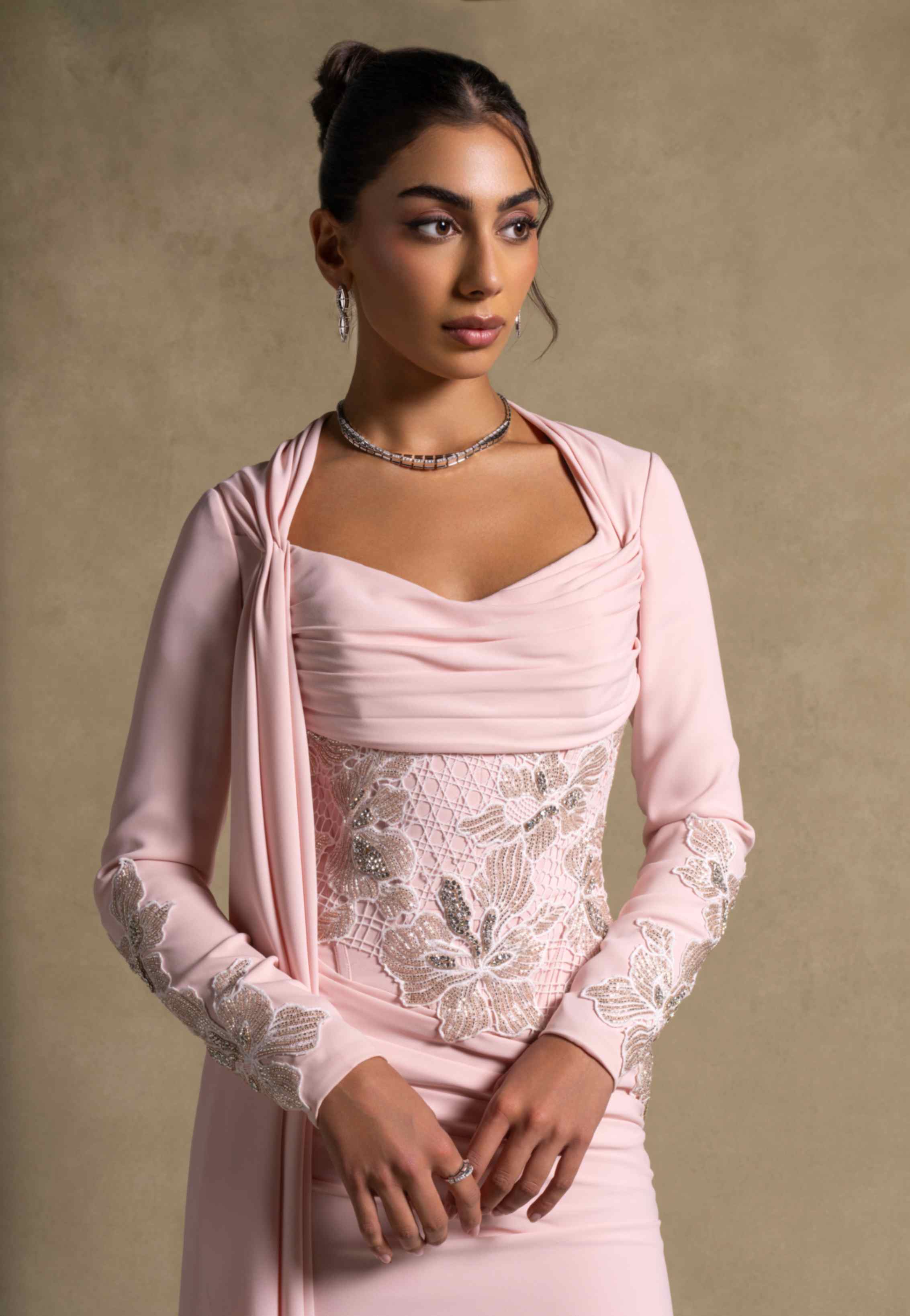Lady Mooei Dress featuring a sweetheart neckline and embroidered bodice in delicate pink, perfect for luxury evening wear.