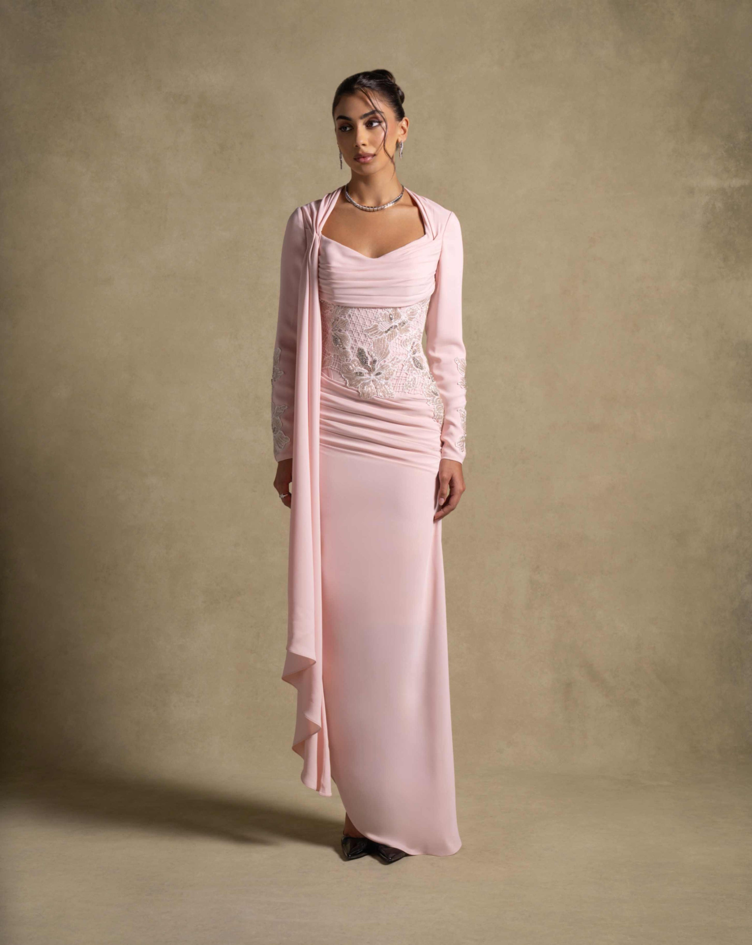 Lady Mooei Dress in delicate pink, featuring a sweetheart neckline and ruched detailing, perfect for luxury evening wear.