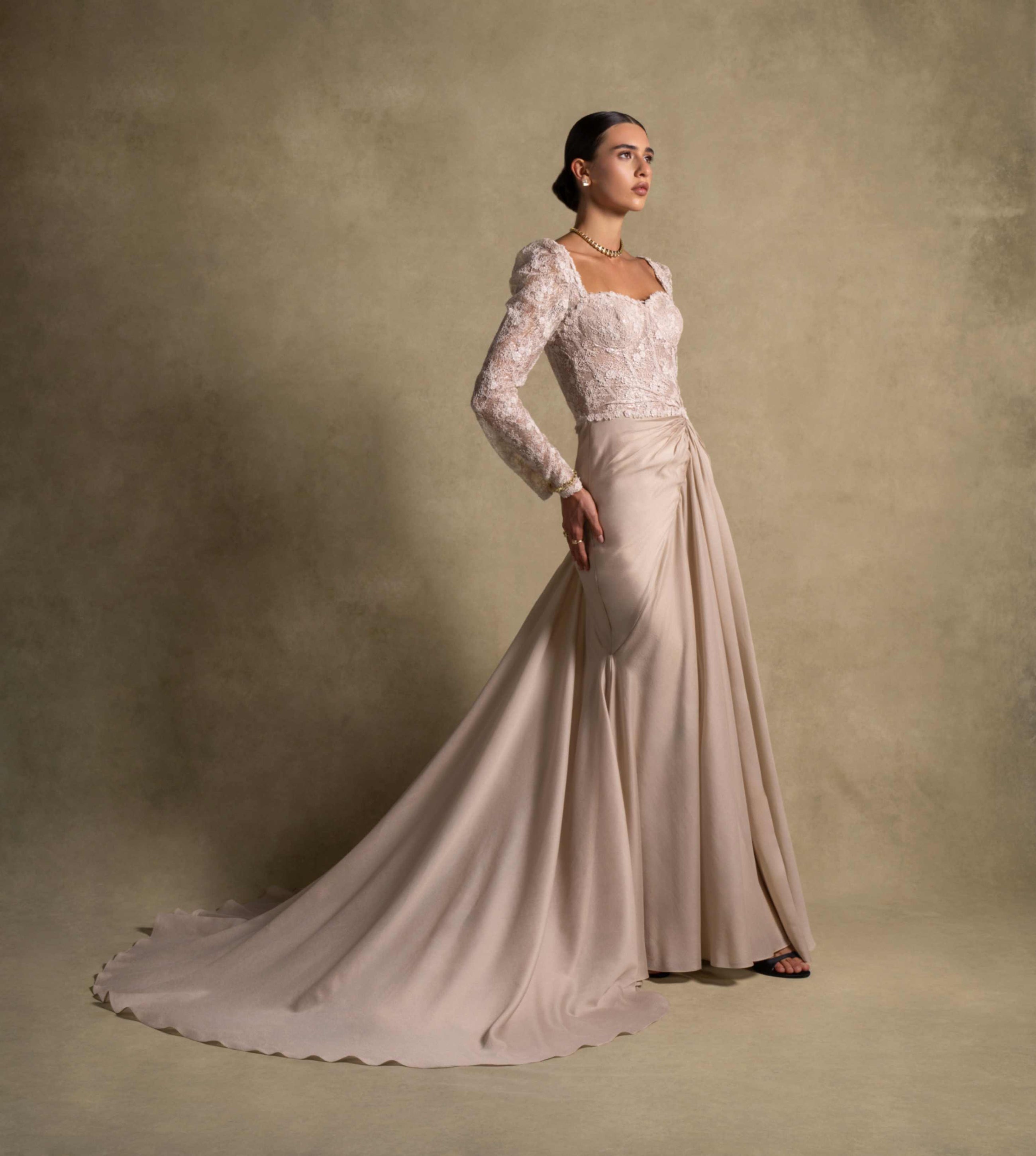Evania Dress in soft Beige with fitted lace bodice and chiffon skirt, ideal for luxury evening wear and weddings.