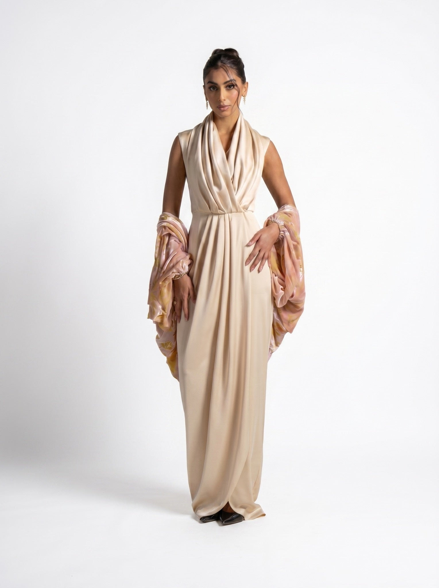 beige satin dress Selene Column Overlay Gown Set Fabric_Velvet Princess Polly Maida Off Inner grip to top Size:32/29