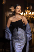 Close-up of MissOvo Set - Vérité Majestique Outfit Set highlighting the sculpted bodice, pearl necklace, and shimmering fabric details. Perfect for formal events.