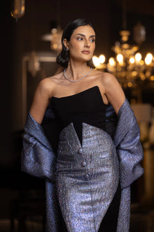 Close-up of MissOvo Set - Vérité Majestique Outfit Set highlighting the sculpted bodice, pearl necklace, and shimmering fabric details. Perfect for formal events.