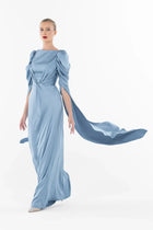 Cinderella Dress - Elegant Gown in motion, highlighting the fluid satin fabric and dramatic ruched sleeves from Artista Eid - AW 2025.