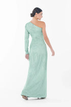 Back view of Boticelli Dress Mint Green showcasing one-shoulder cut and floor-length fit, perfect for Artista Eid - AW 2025.