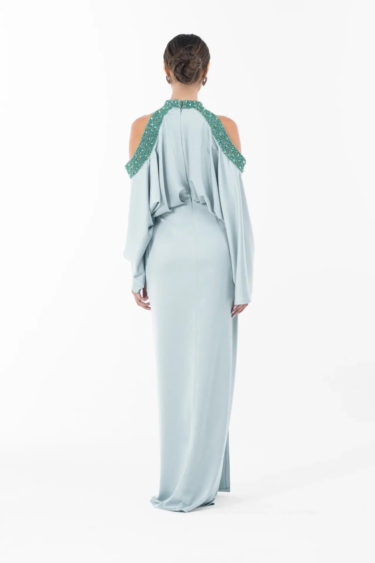 Back view of Ophelia Dress - Ramadan Collection showing full-length satin gown with open shoulders and embellished collar detail.