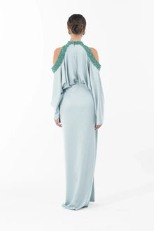 Back view of Ophelia Dress - Ramadan Collection showing full-length satin gown with open shoulders and embellished collar detail.